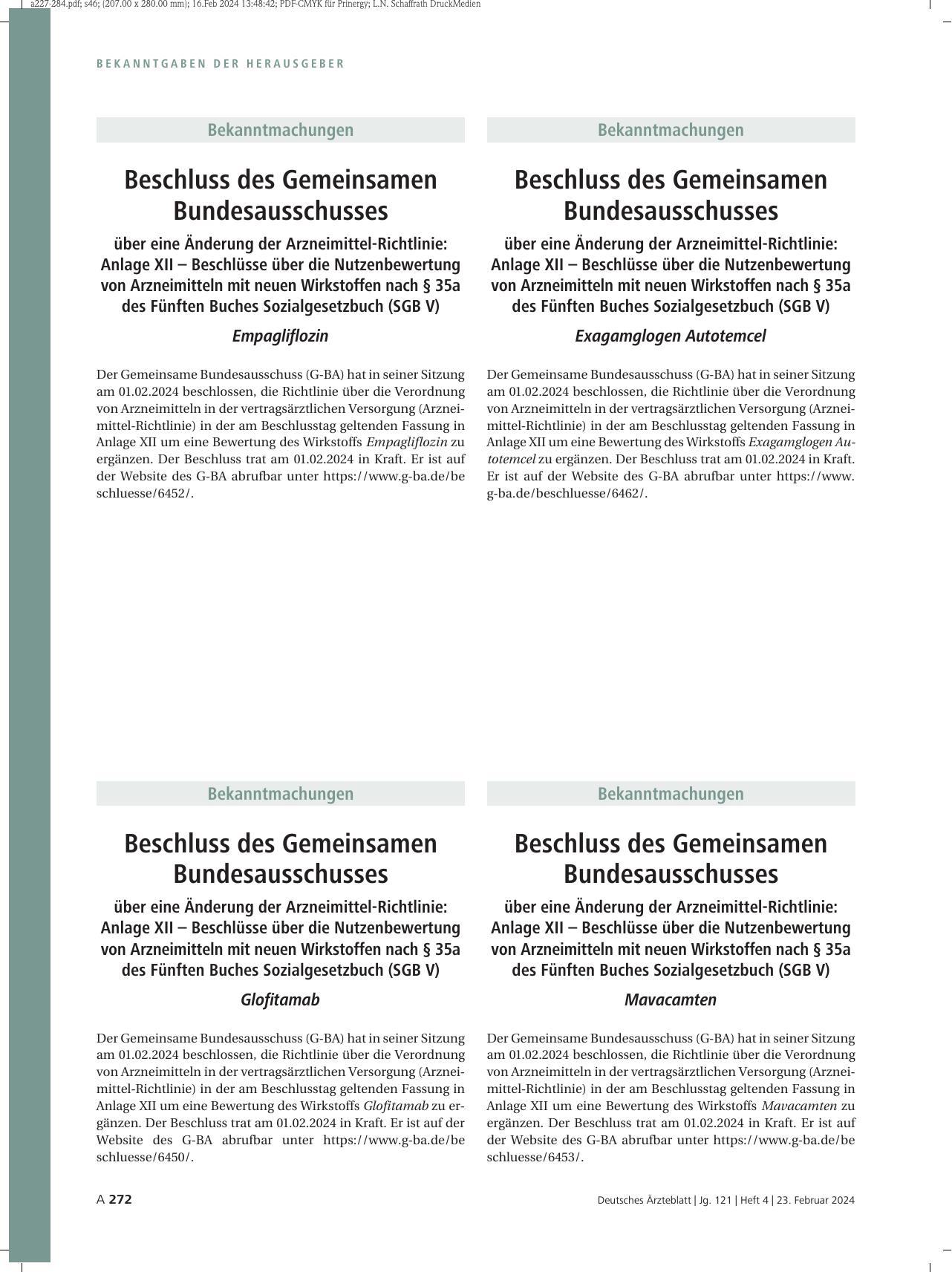 Vorschauseite 1: Beschluss des Gemeinsamen Bundesausschusses über eine Änderung der Arzneimittel-Richtlinie: Autotemcel