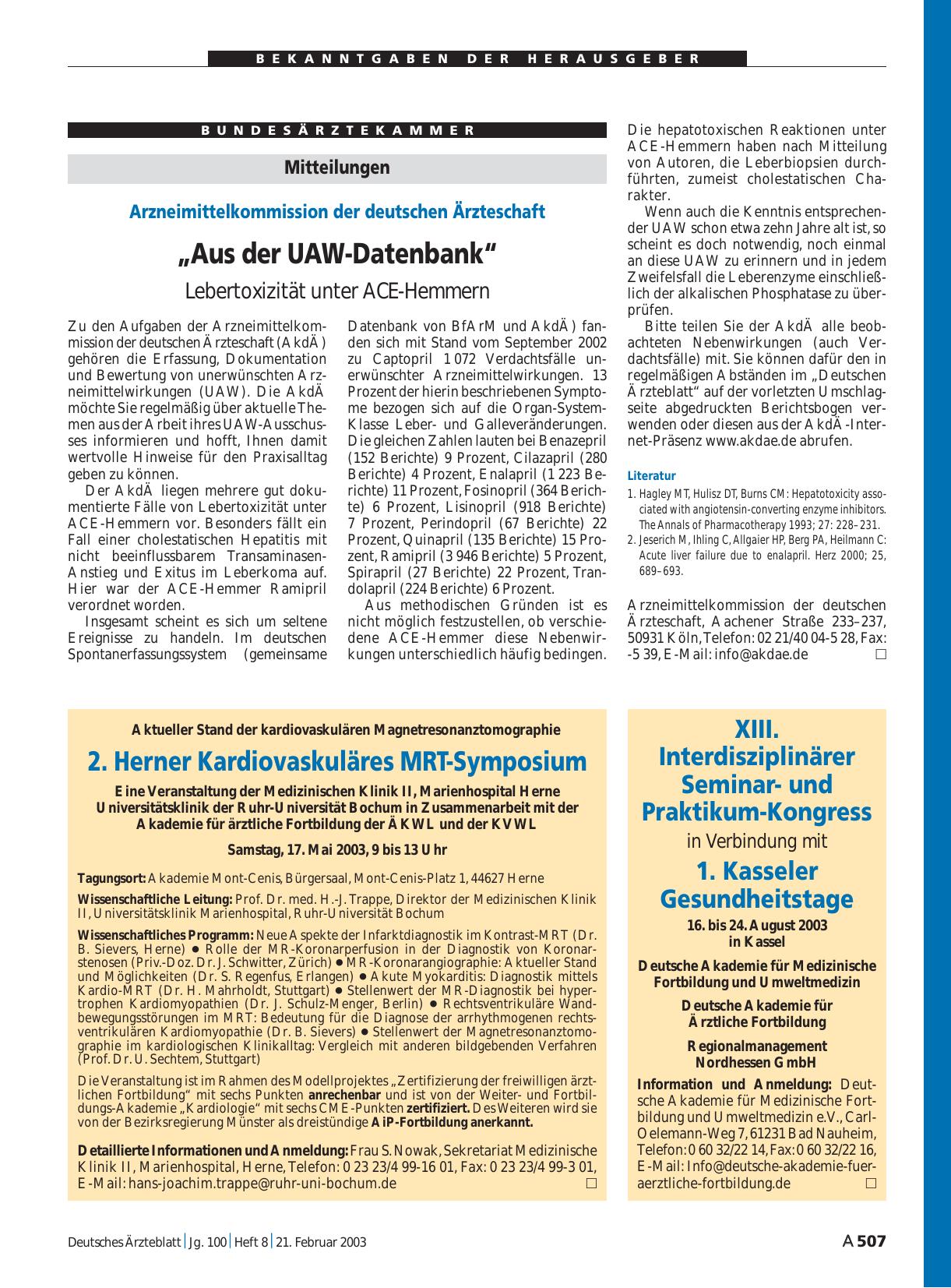 Vorschauseite 1: Mitteilungen: „Aus der UAW-Datenbank“