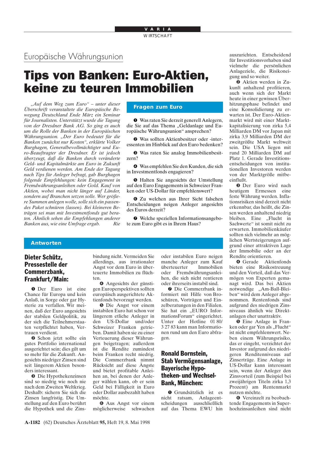 Vorschauseite 1: Europäische Währungsunion – Tips von Banken: Euro-Aktien, keine zu teuren Immobilien