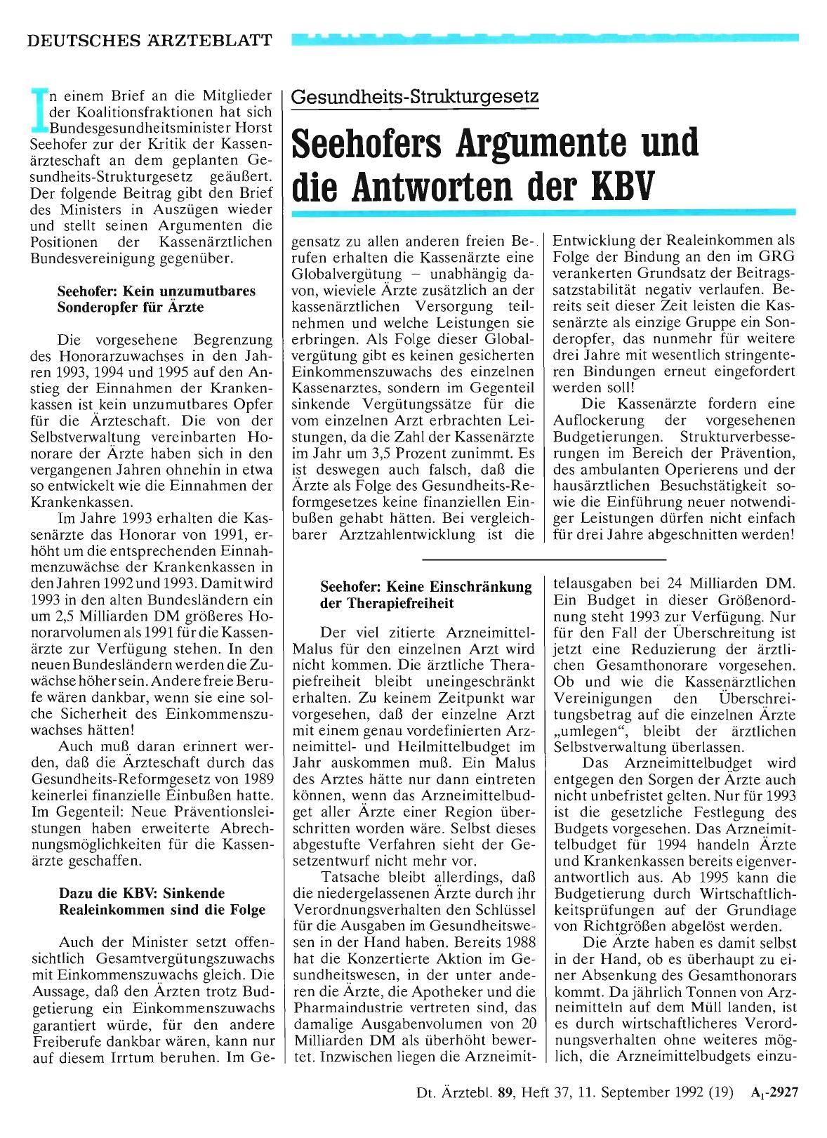 Vorschauseite 1: Gesundheits-Strukturgesetz: Seehofers Argumente und die Antworten der KBV