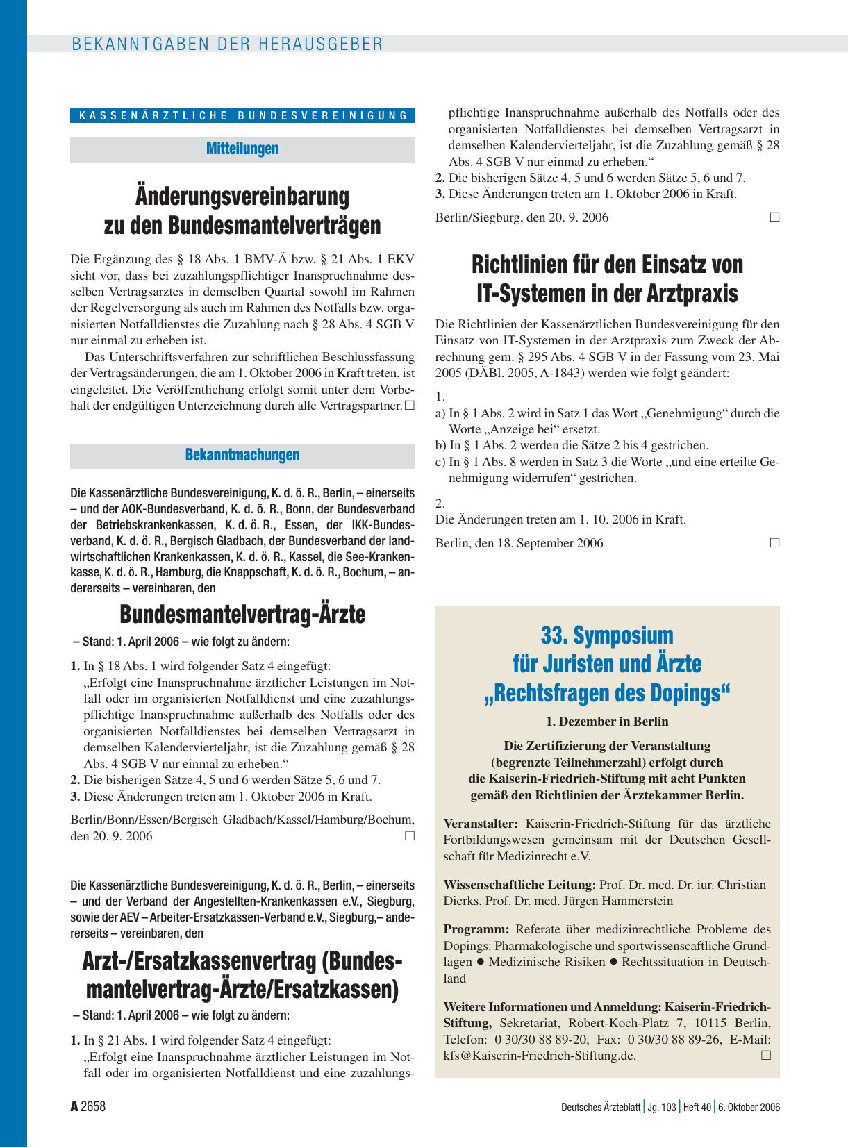 Vorschauseite 1: Bekanntmachungen: Richtlinien für den Einsatz von IT-Systemen in der Arztpraxis