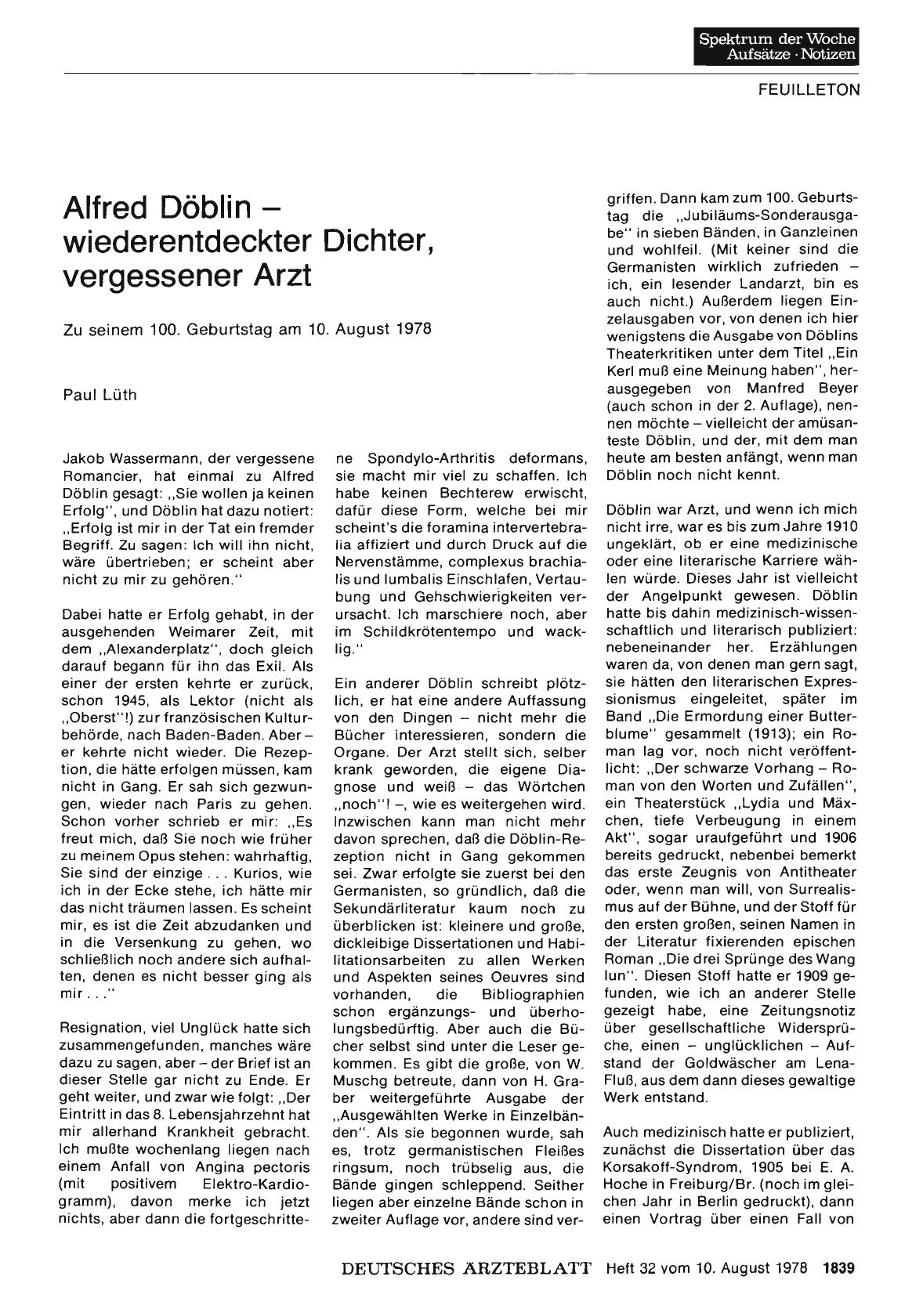 Vorschauseite 1: Alfred Döblin — wiederentdeckter Dichter, vergessener Arzt