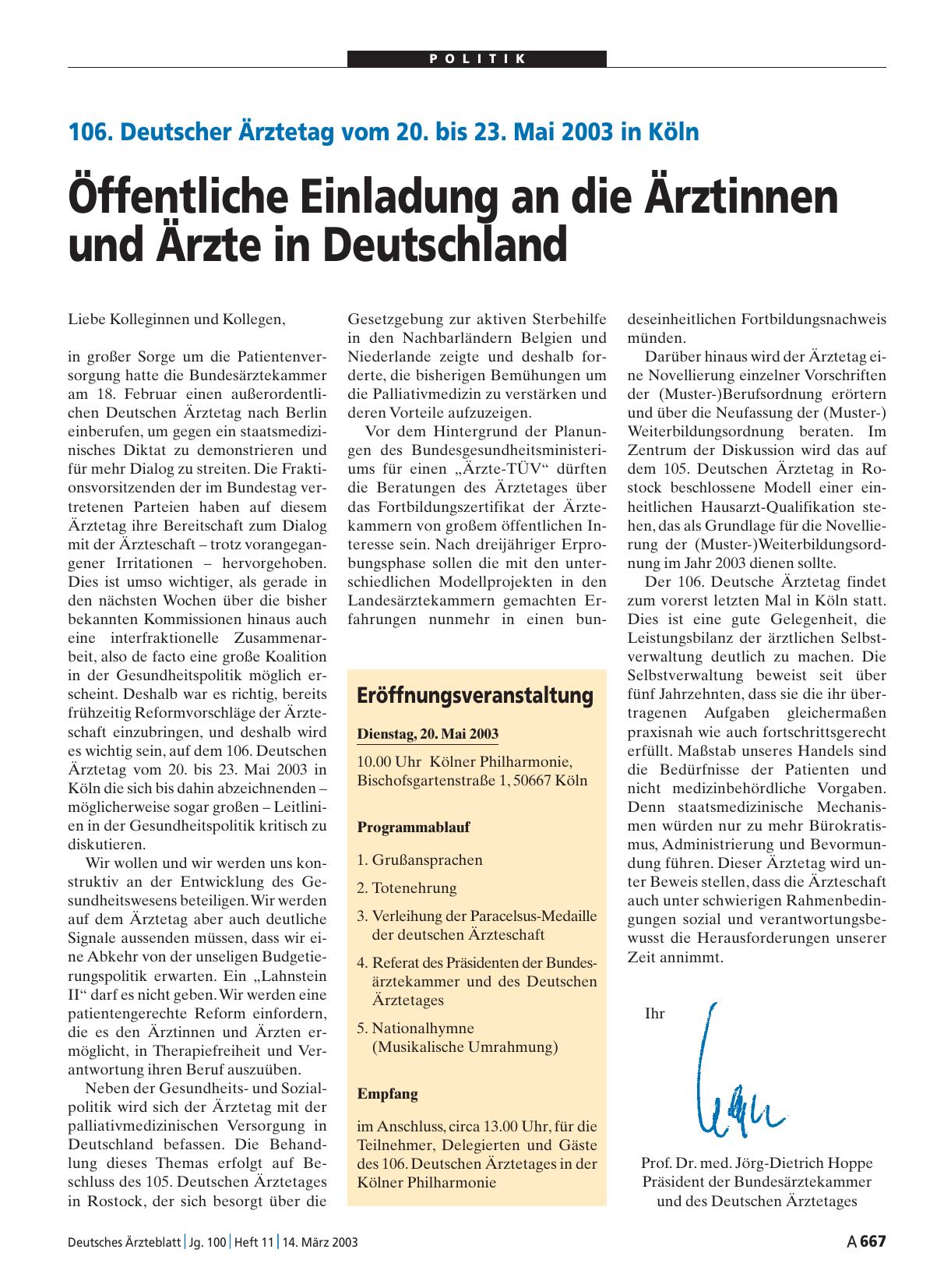 Vorschauseite 1: 106. Deutscher Ärztetag vom 20. bis 23. Mai 2003 in Köln: Öffentliche Einladung an die Ärztinnen und Ärzte in Deutschland
