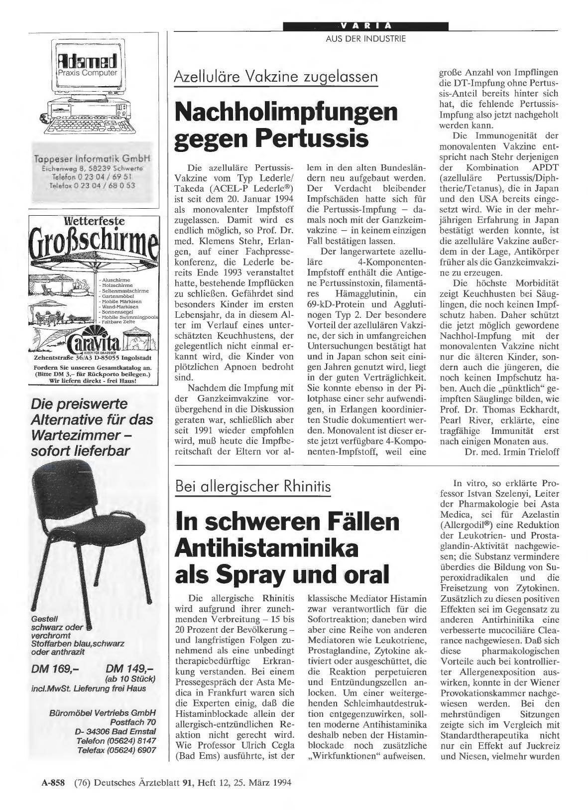 Vorschauseite 1: Azelluläre Vakzine zugelassen Nachholimpfungen gegen Pertussis