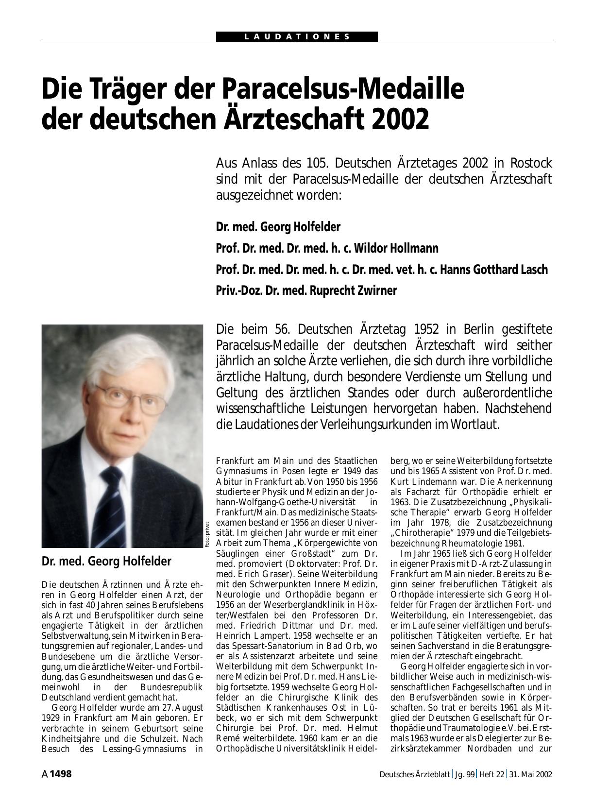 Vorschauseite 1: Die Träger der Paracelsus-Medaille der deutschen Ärzteschaft 2002