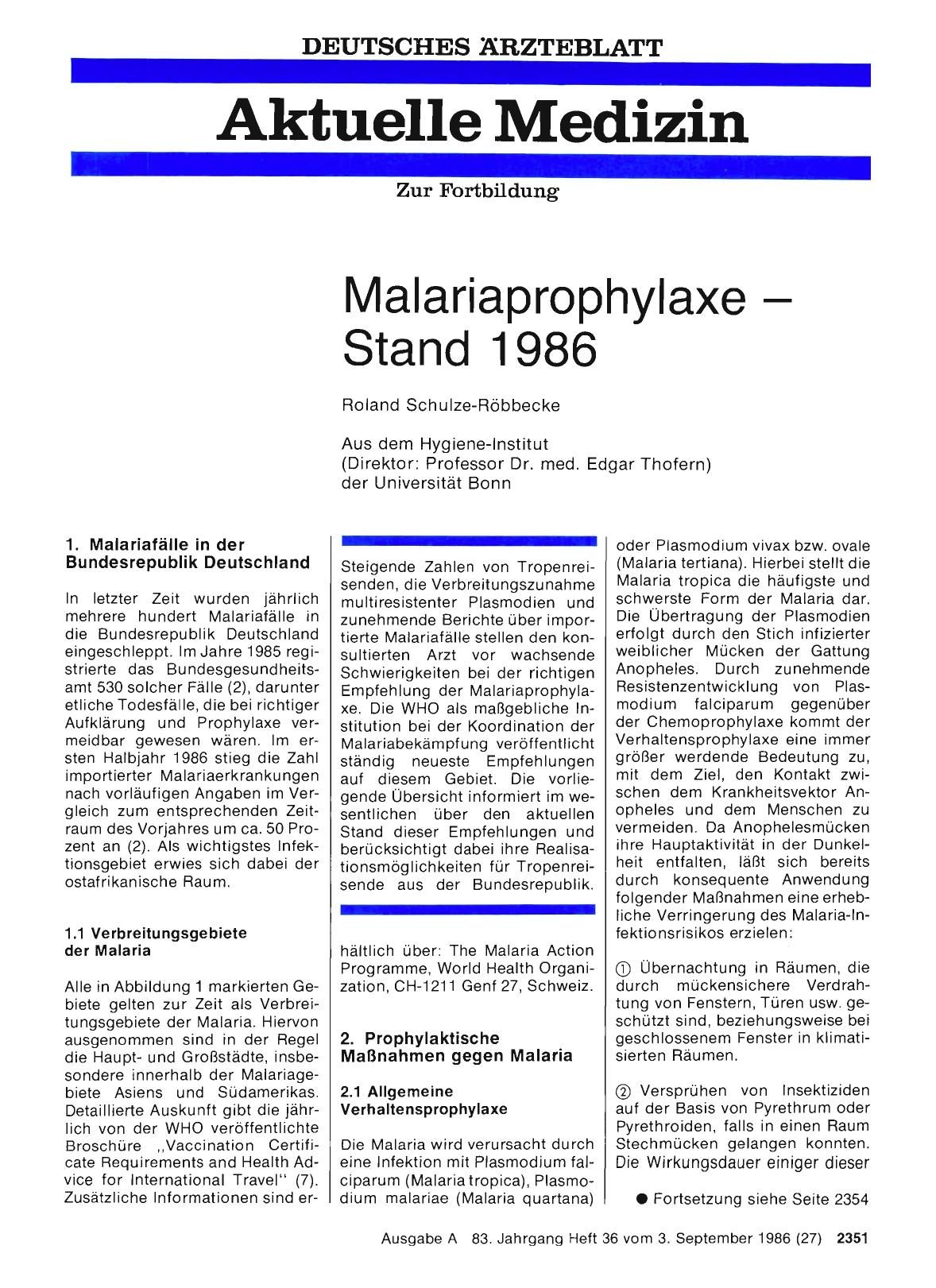 Vorschauseite 1: Malariaprophylaxe - Stand 1986