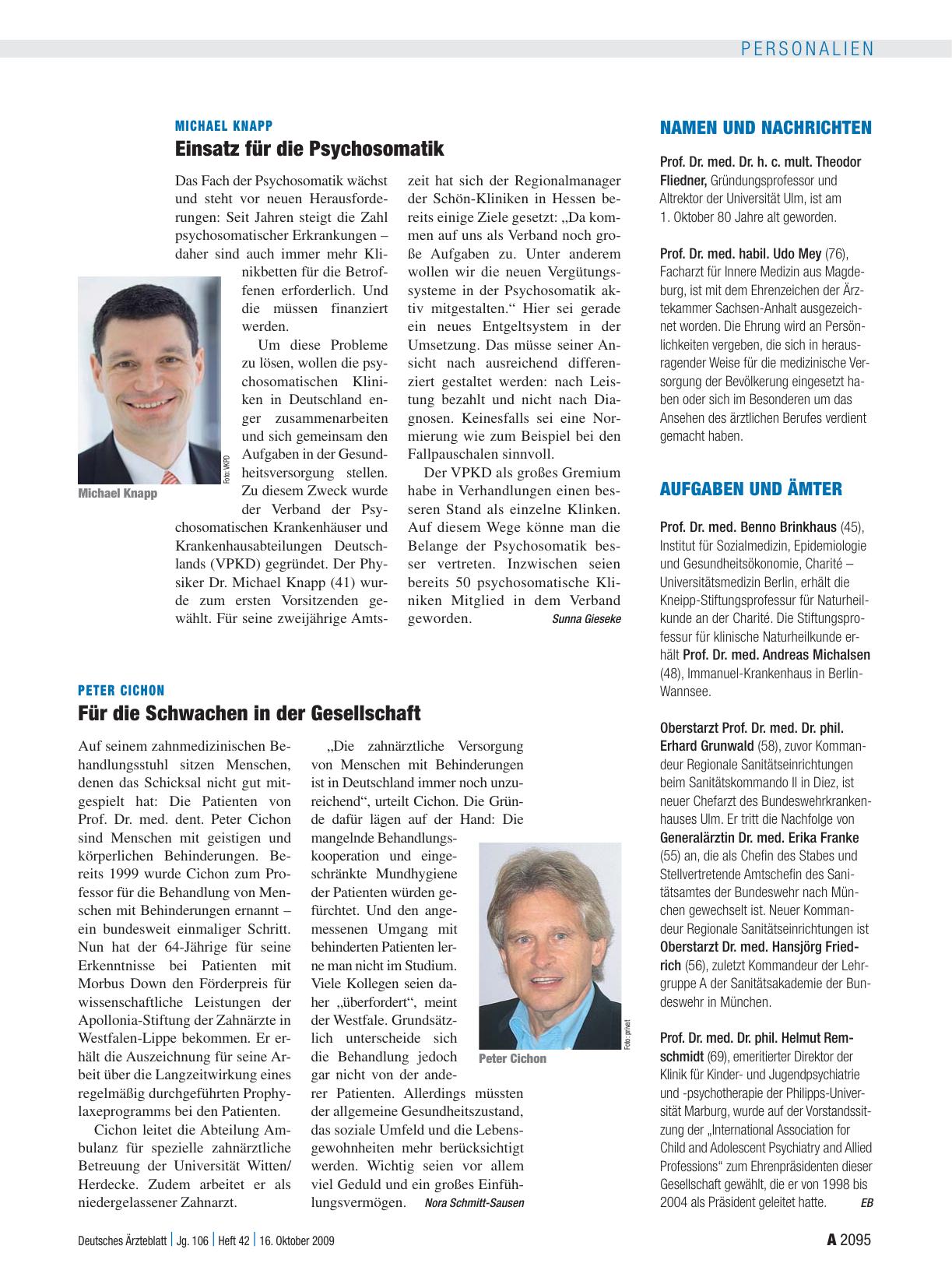 Vorschauseite 1: Peter Cichon: Für die Schwachen in der Gesellschaft