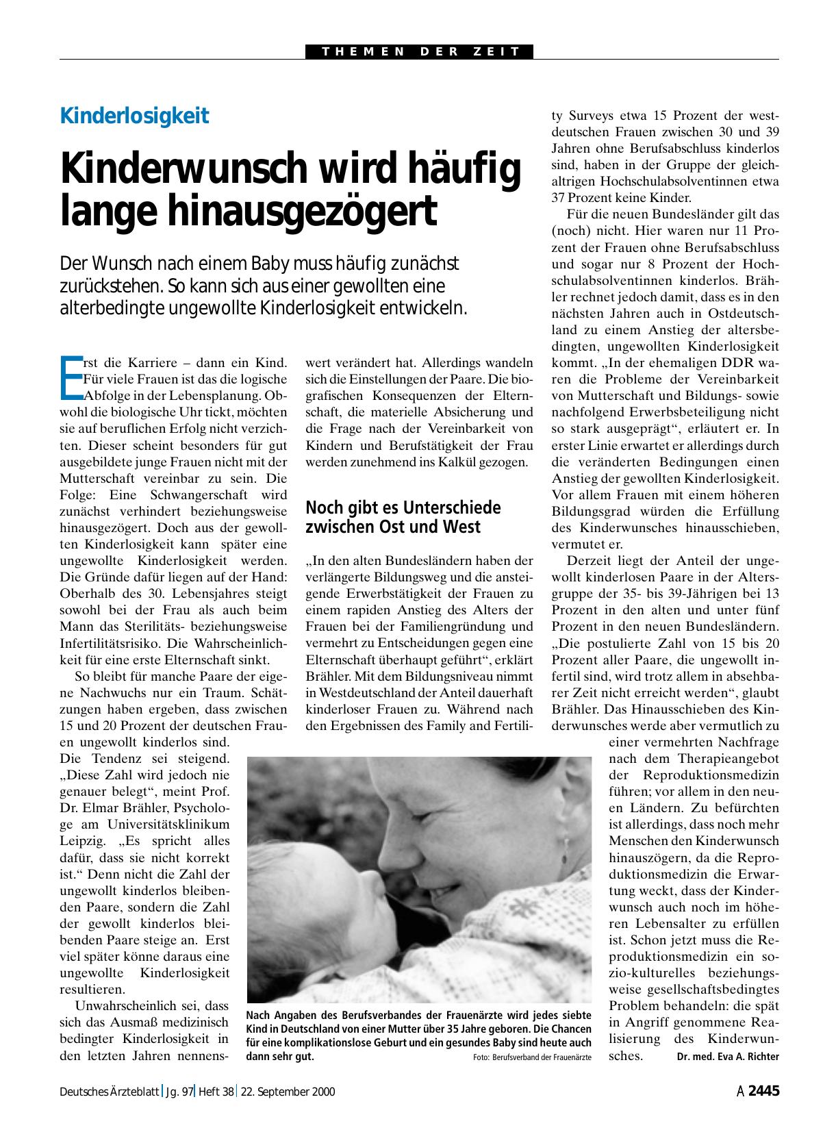 Vorschauseite 1: Kinderlosigkeit: Kinderwunsch wird häufig lange hinausgezögert