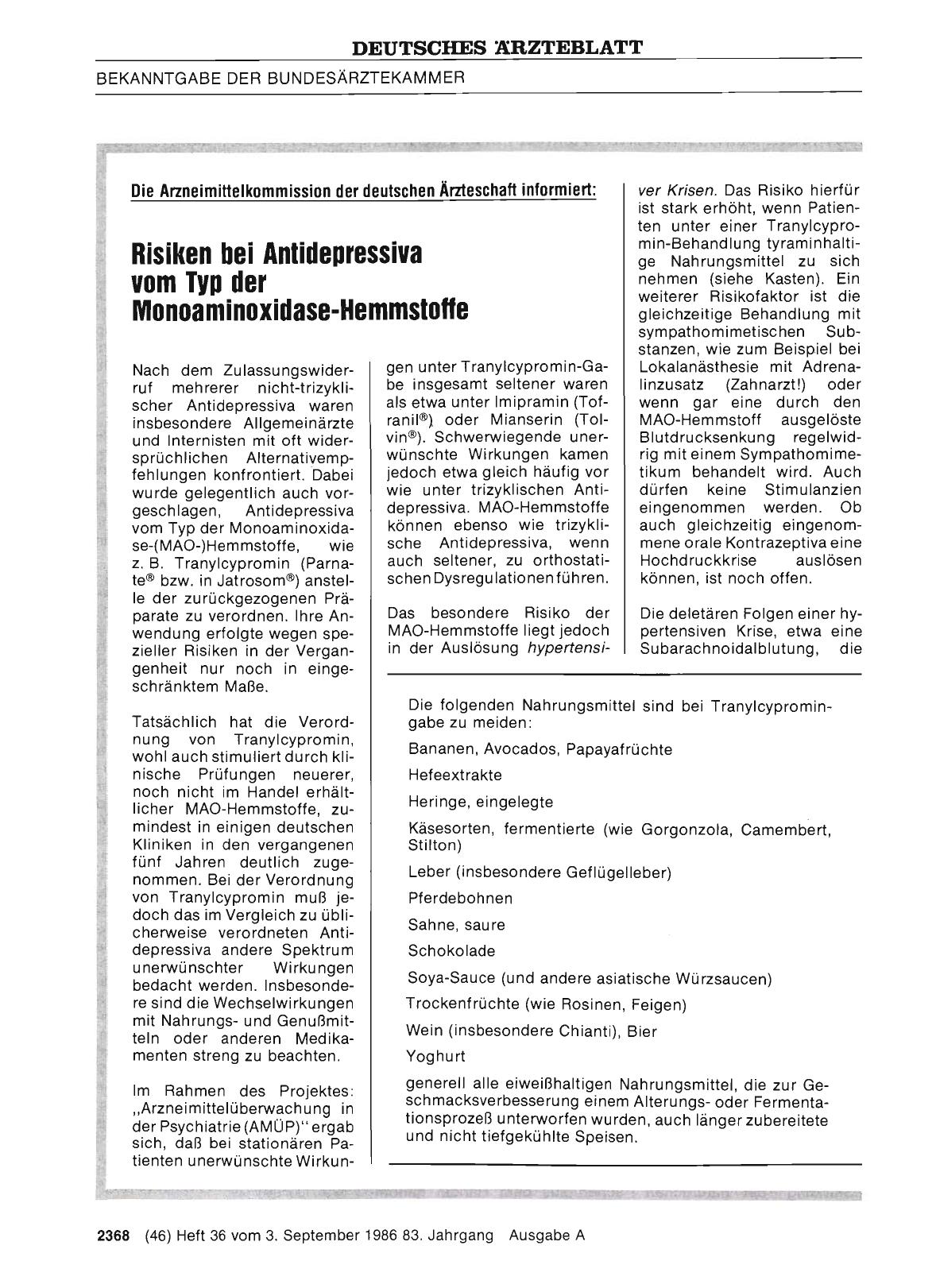 Vorschauseite 1: Risiken bei Antidepressiva vom Typ der Monoaminoxidase-Hemmstoffe