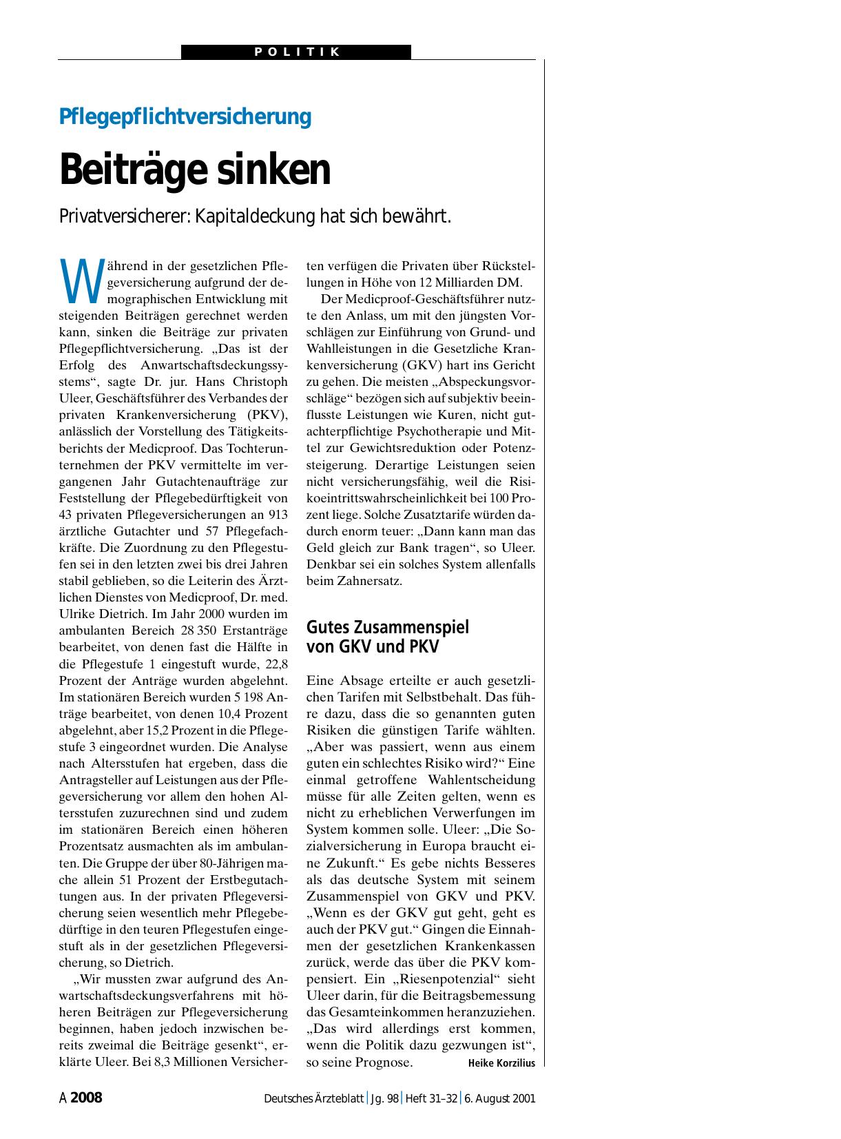 Vorschauseite 1: Pflegepflichtversicherung: Beiträge sinken