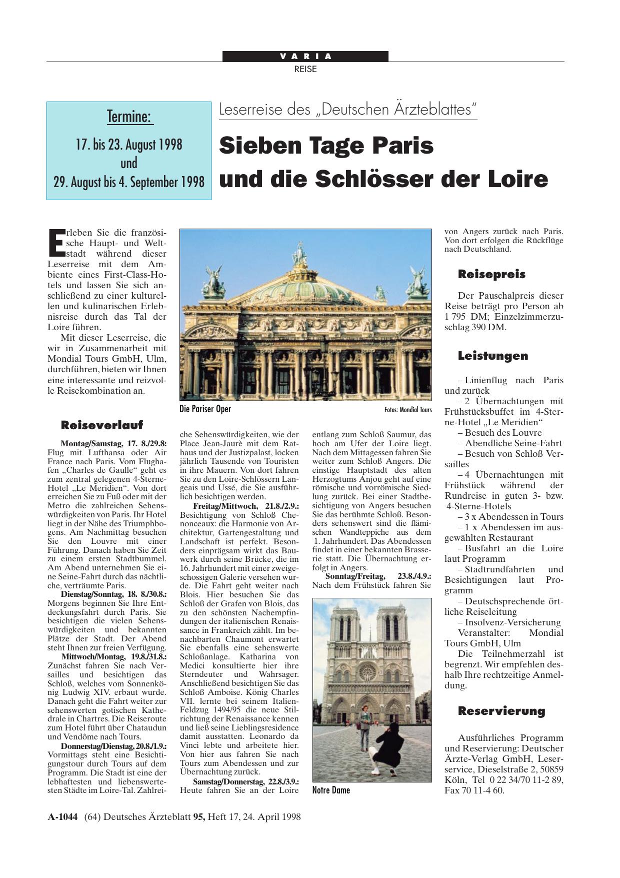 Vorschauseite 1: Leserreise des „Deutschen Ärzteblattes“: Sieben Tage Paris und die Schlösser der Loire