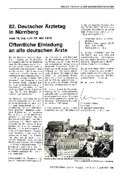 Vorschauseite 1: 82. Deutscher Ärztetag in Nürnberg vom 15. bis zum 19. Mai: 1979 Öffentliche Einladung an alle deutschen Ärzte