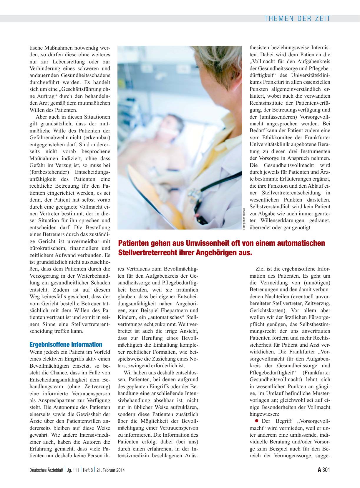 Vorschauseite 2: Gesundheitsvollmacht – neues Projekt am Universitätsklinikum Frankfurt/M.: Vertrauensperson als kompetenter Partner für Ärzteteam