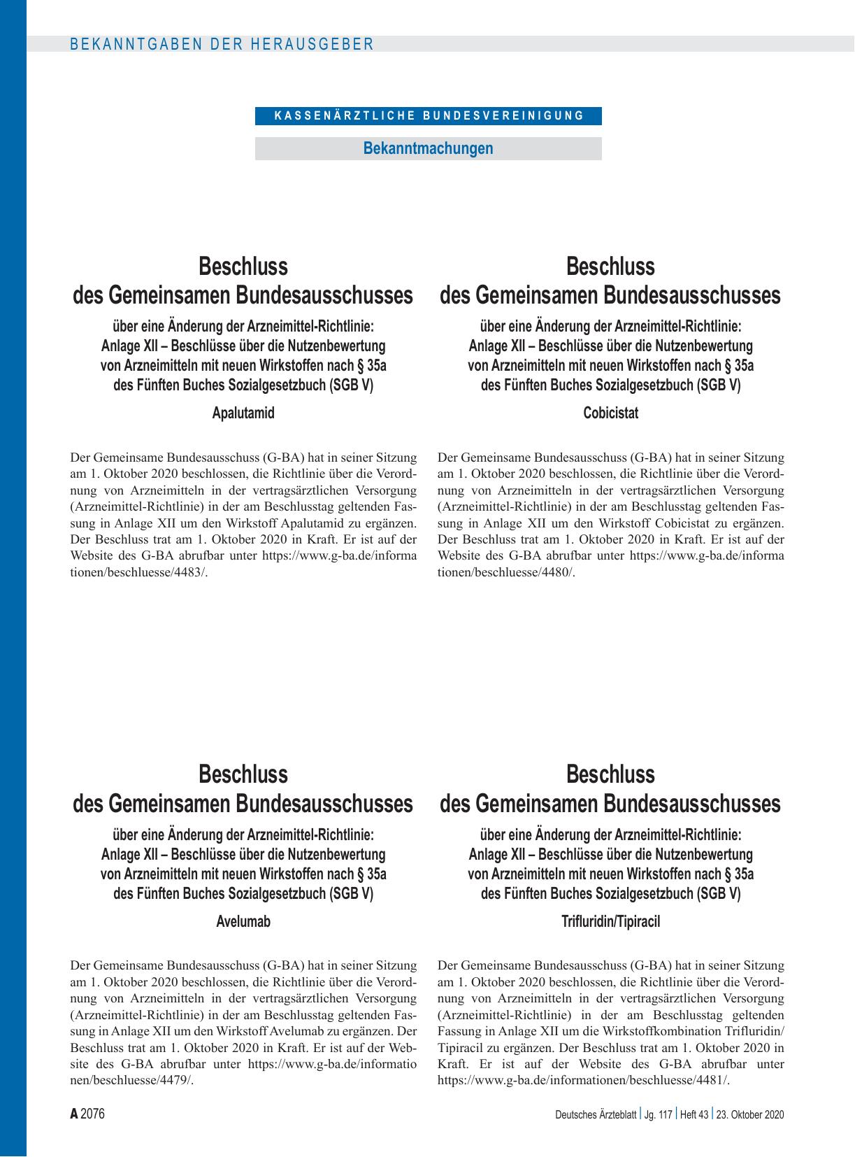 Vorschauseite 1: Beschluss des Gemeinsamen Bundesausschusses über eine Änderung der Arzneimittel-Richtlinie: Apalutamid