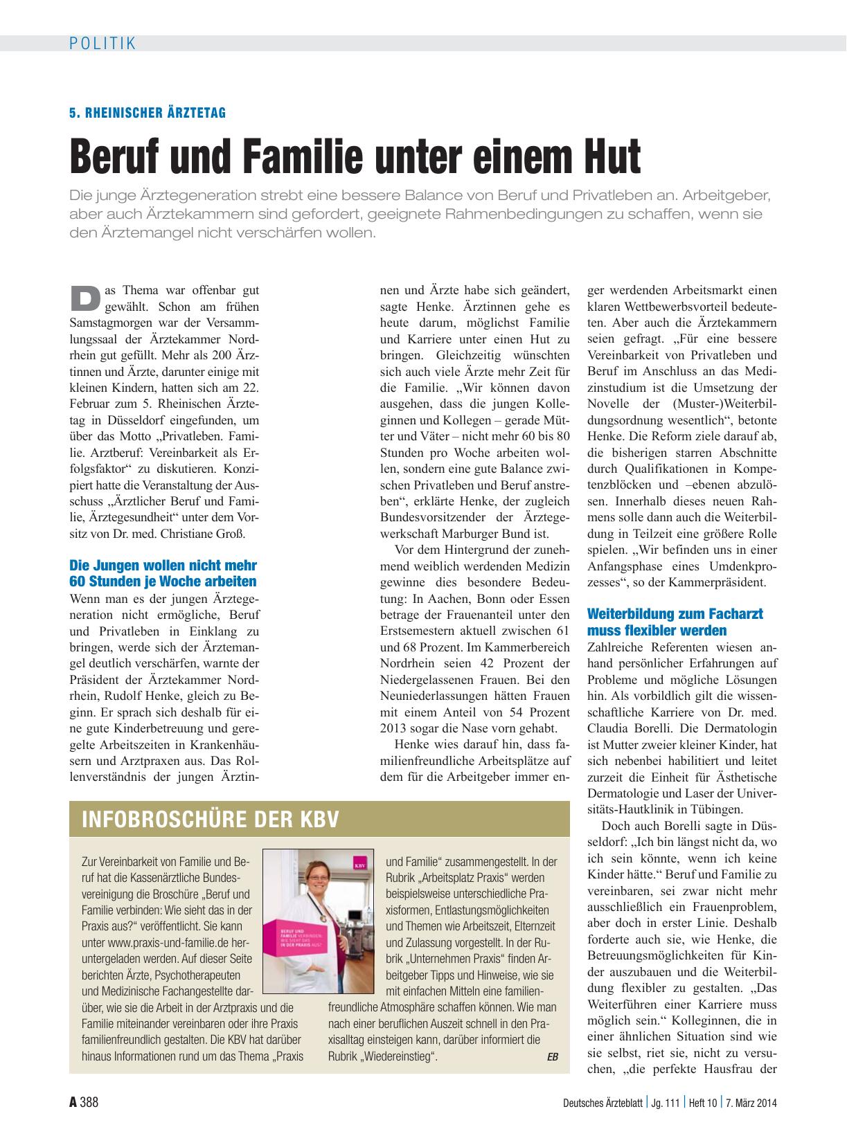 Vorschauseite 1: 5. Rheinischer Ärztetag: Beruf und Familie unter einem Hut