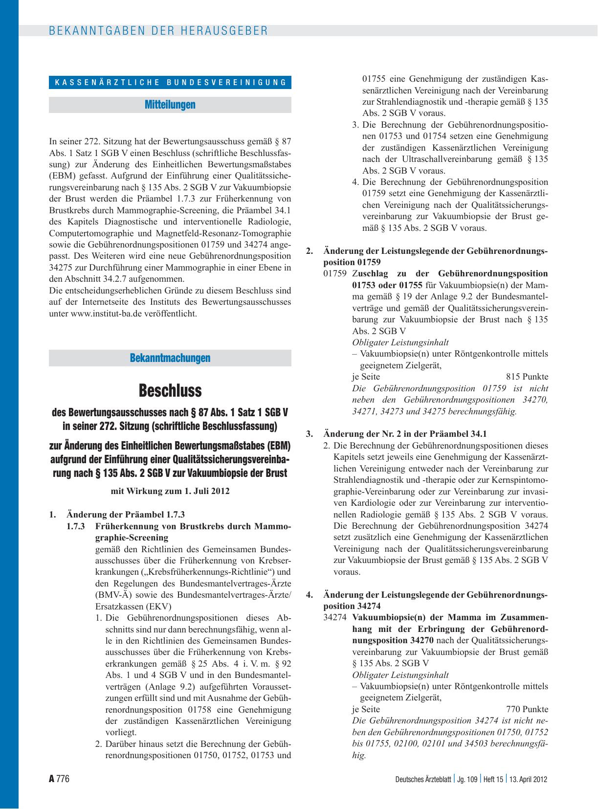 Vorschauseite 1: Beschluss des Bewertungsausschusses nach § 87 Abs. 1 Satz 1 SGB V in seiner 272. Sitzung (schriftliche Beschlussfassung) zur Änderung des Einheitlichen Bewertungsmaßstabes (EBM) a…