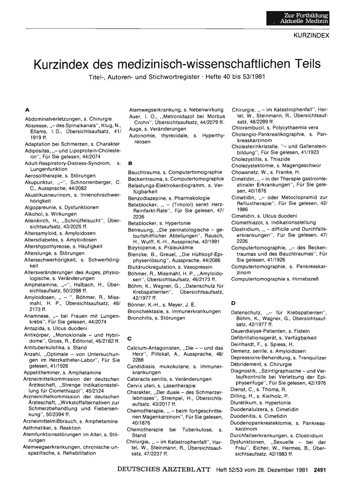Vorschauseite 1: Kurzindex des medizinisch-wissenschaftlichen Teils: Titel-, Autorenund Stichwortregister • Hefte 40 bis 53/1981