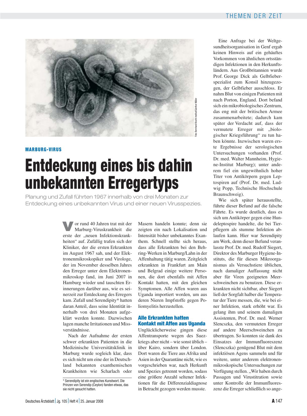 Vorschauseite 1: Marburg-Virus: Entdeckung eines bis dahin unbekannten Erregertyps