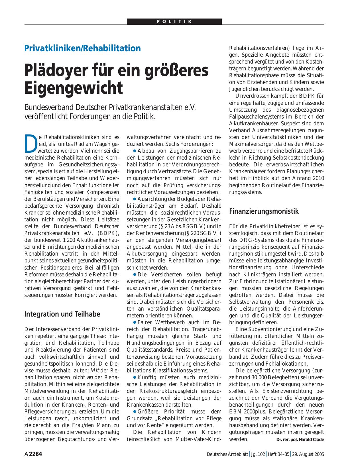 Vorschauseite 1: Privatkliniken/Rehabilitation: Plädoyer für ein größeres Eigengewicht
