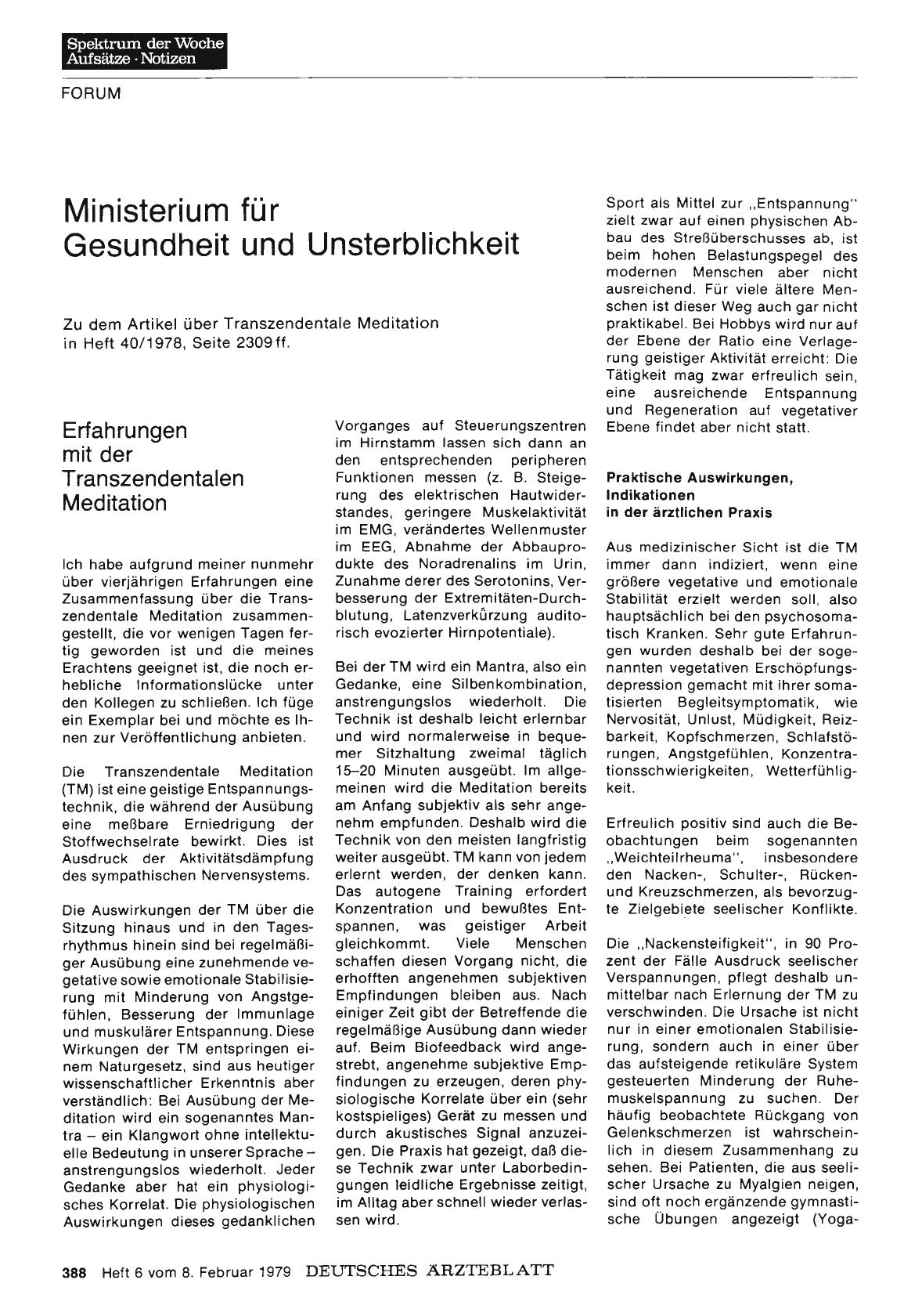 Vorschauseite 1: Ministerium für Gesundheit und Unsterblichkeit: Erfahrungen mit der Transzendentalen Meditation