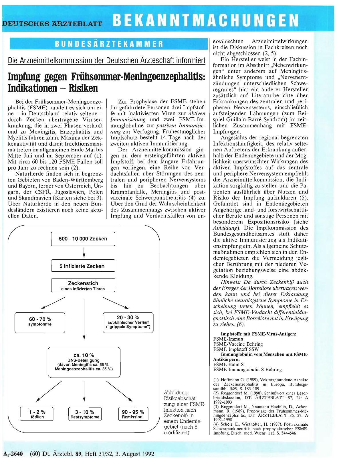 Vorschauseite 1: Die Arzneimittelkommission der Deutschen Ärzteschaft informiert: Impfung gegen Frühsommer-Meningoenzephalitis: Indikationen — Risiken