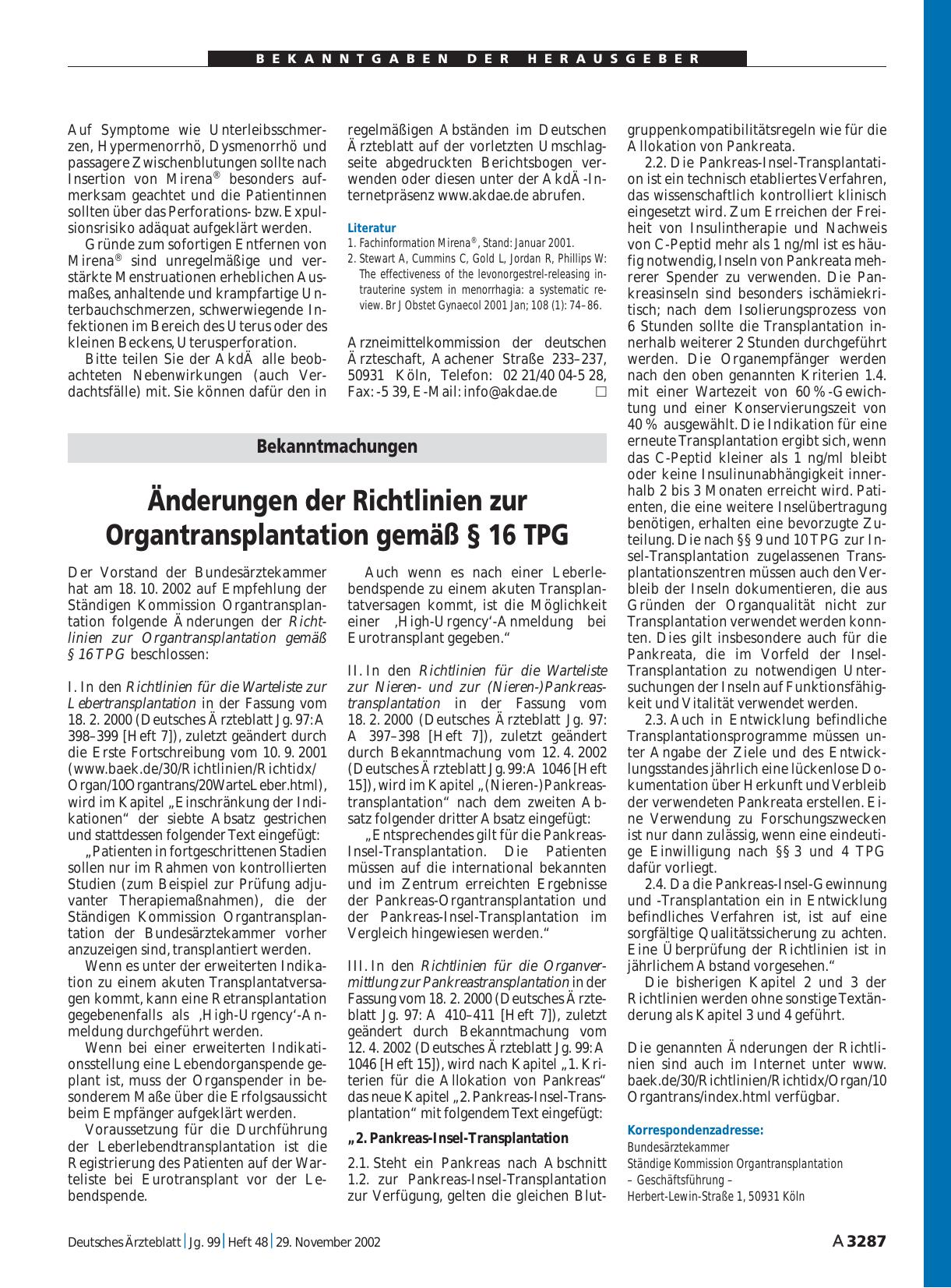 Vorschauseite 1: Bekanntmachungen: Änderungen der Richtlinien zur Organtransplantation gemäß § 16 TPG