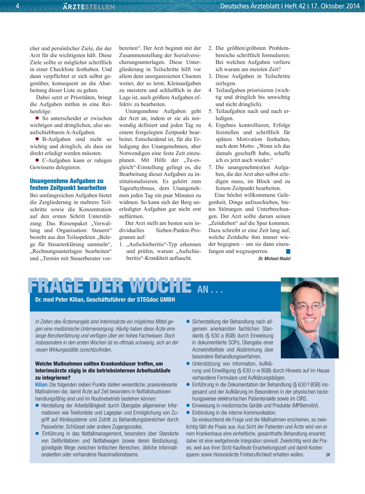 Vorschauseite 1: Frage der Woche an. .. Dr. med Peter Kilian, Geschäftsführer der STEGdoc GmbH