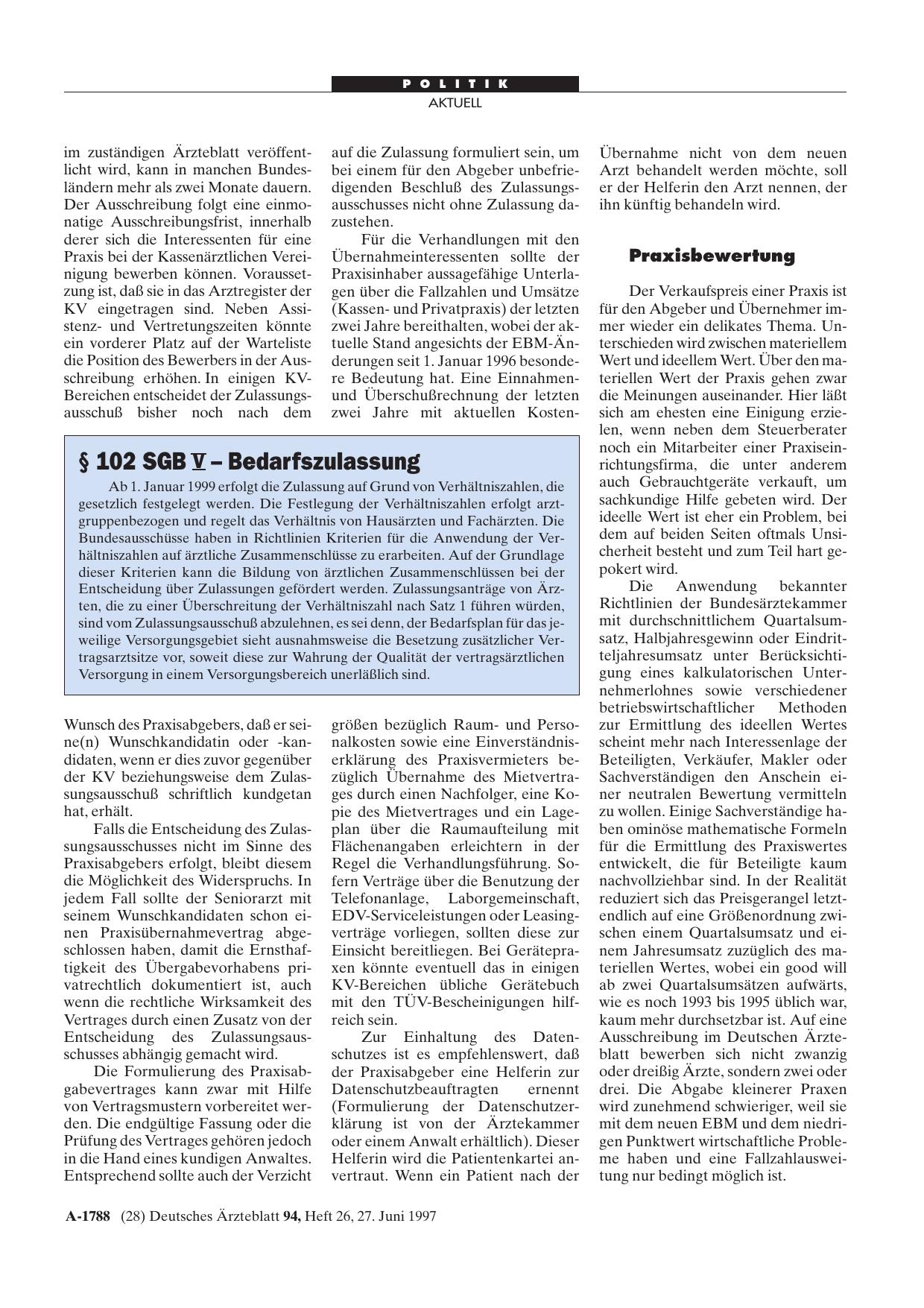 Vorschauseite 1: § 102 SGB V - Bedarfszulassung