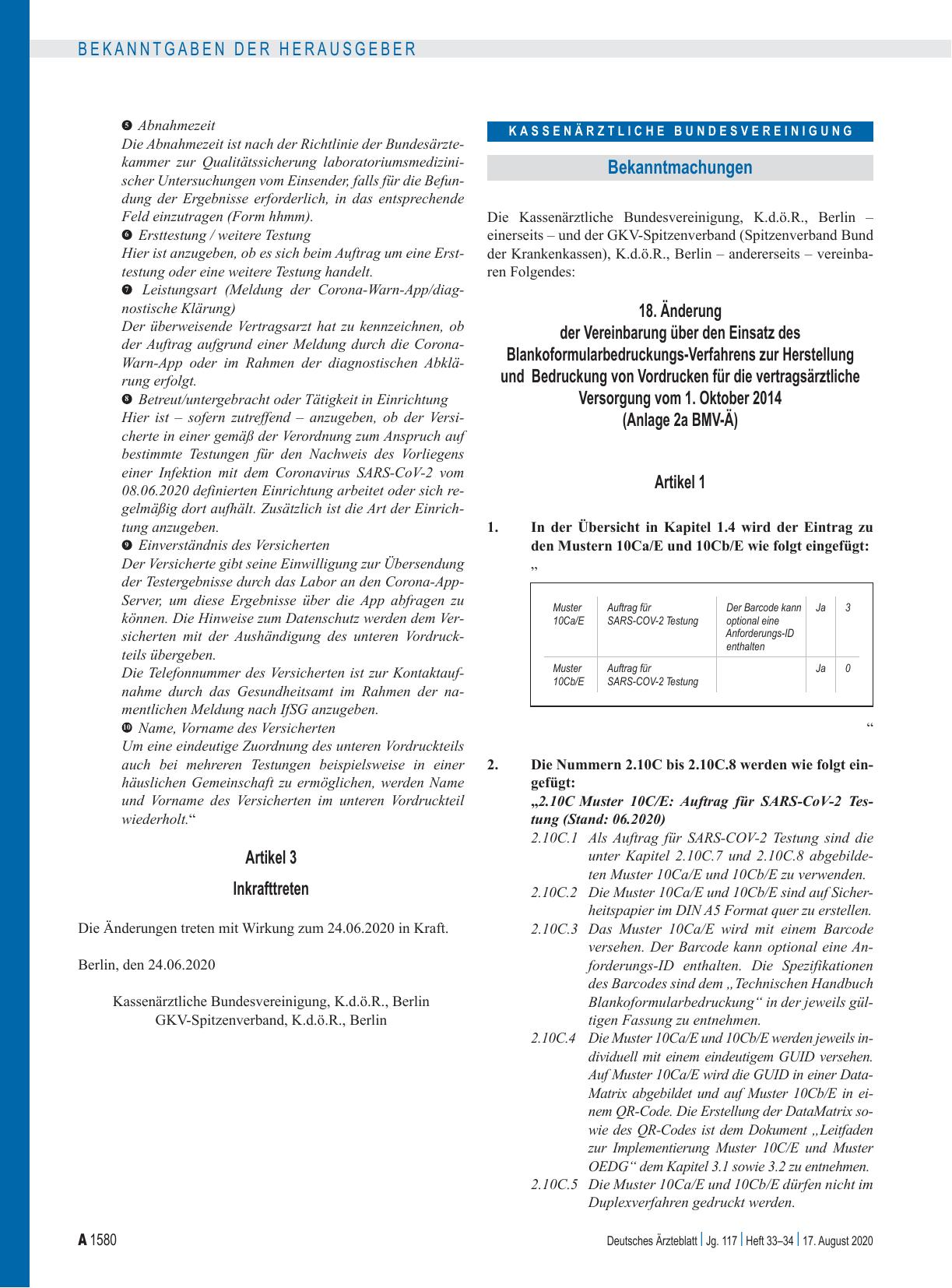Vorschauseite 1: 18. Änderung der Vereinbarung über den Einsatz des Blankoformularbedruckungs-Verfahrens zur Herstellung und Bedruckung von Vordrucken für die vertragsärztliche Versorgung vom 1. O…