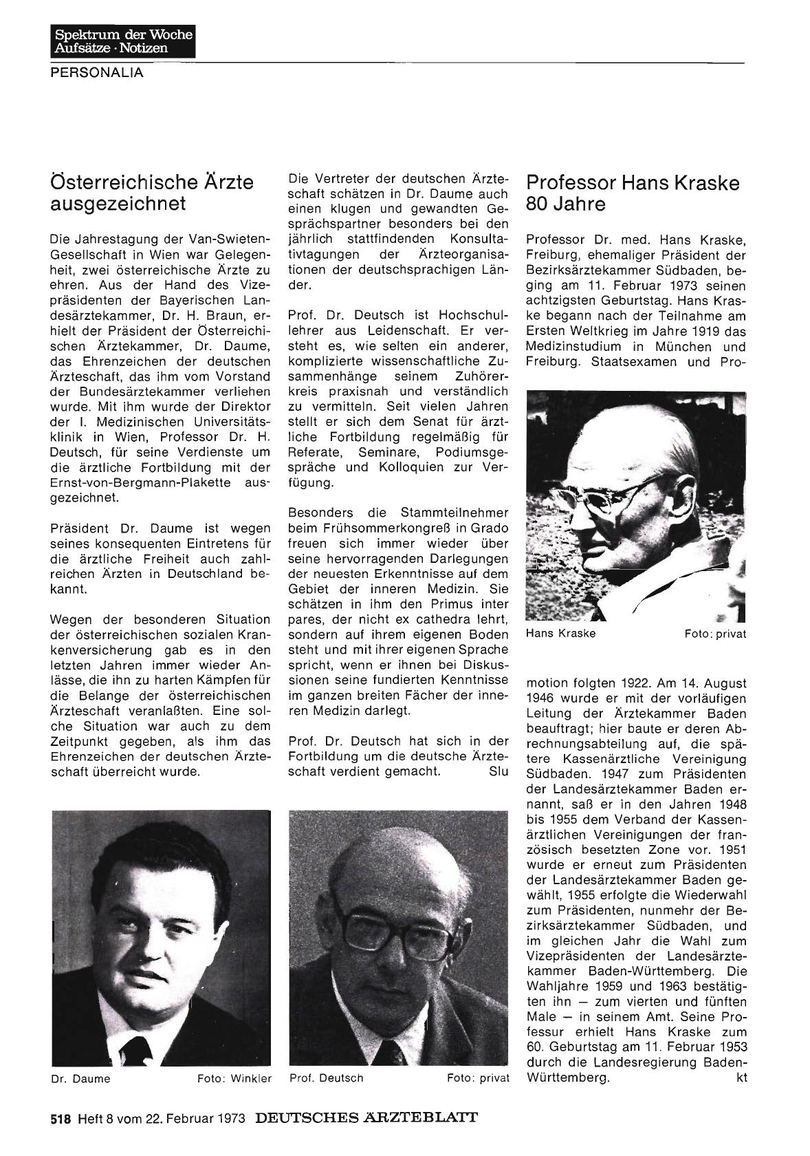Vorschauseite 1: Professor Hans Kraske 80 Jahre