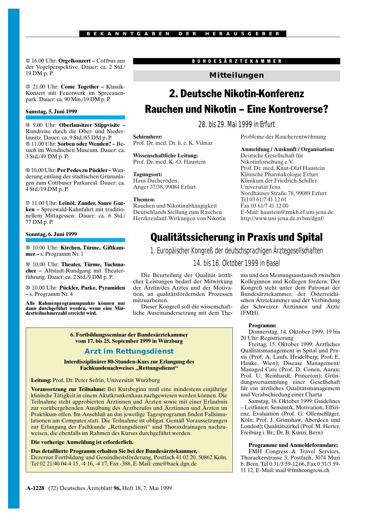 Vorschauseite 1: 2. Deutsche Nikotin-Konferenz: Rauchen und Nikotin - Eine Kontroverse? (28. bis 29. Mai 1999 in Erfurt)