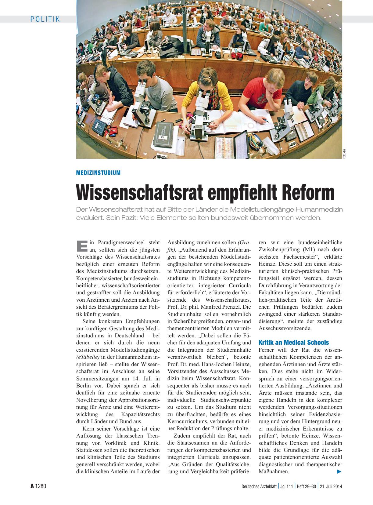 Vorschauseite 1: Medizinstudium: Wissenschaftsrat empfiehlt Reform