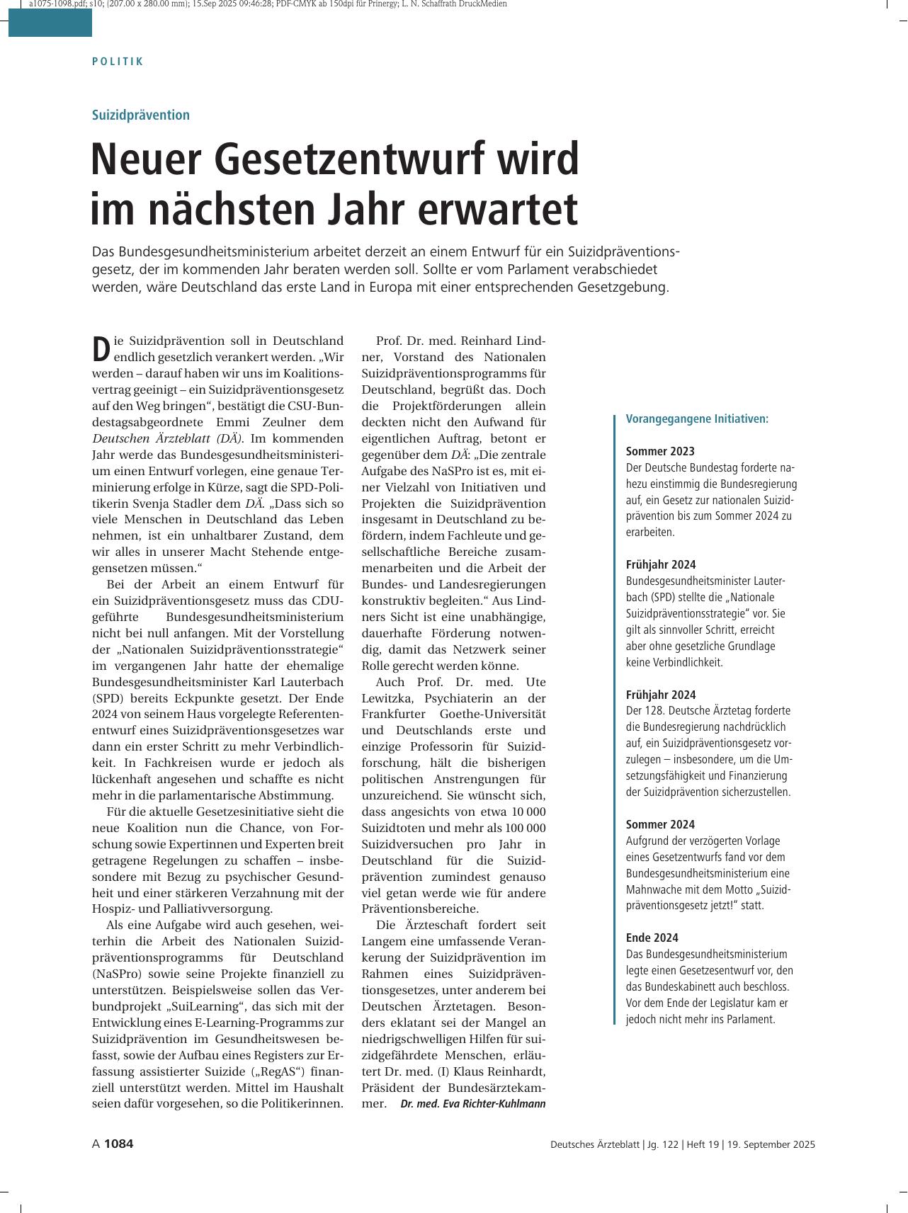 Vorschauseite 1: Suizidprävention: Neuer Gesetzentwurf wird im nächsten Jahr erwartet