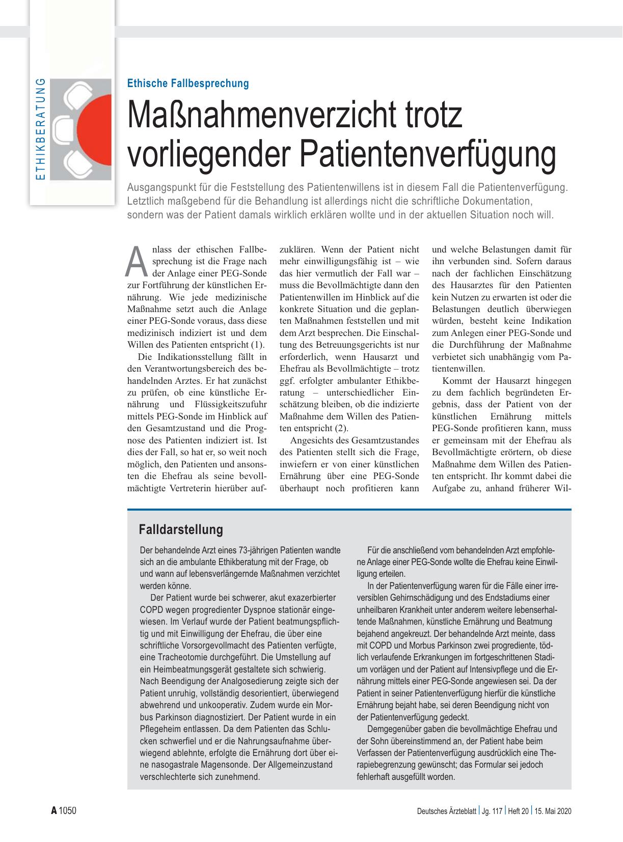 Vorschauseite 1: Ethische Fallbesprechung: Maßnahmenverzicht trotz vorliegender Patientenverfügung
