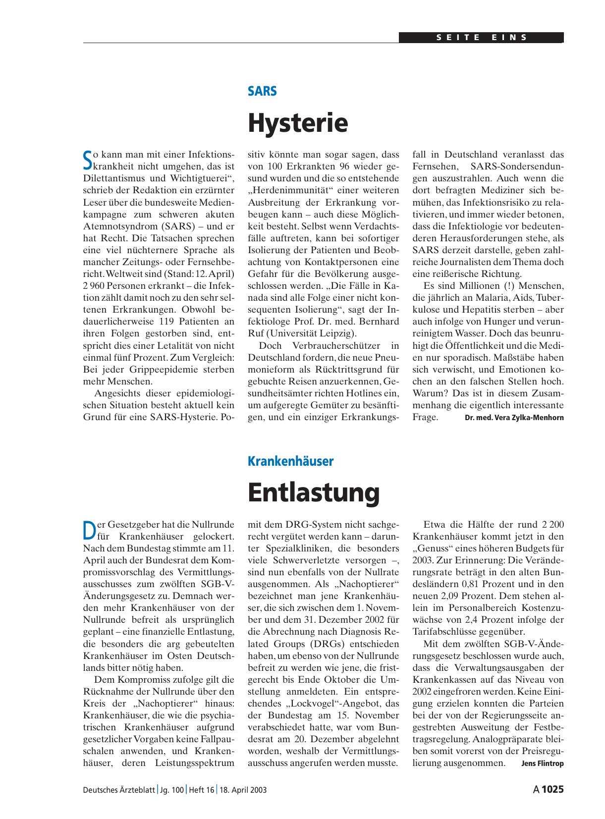 Vorschauseite 1: SARS: Hysterie