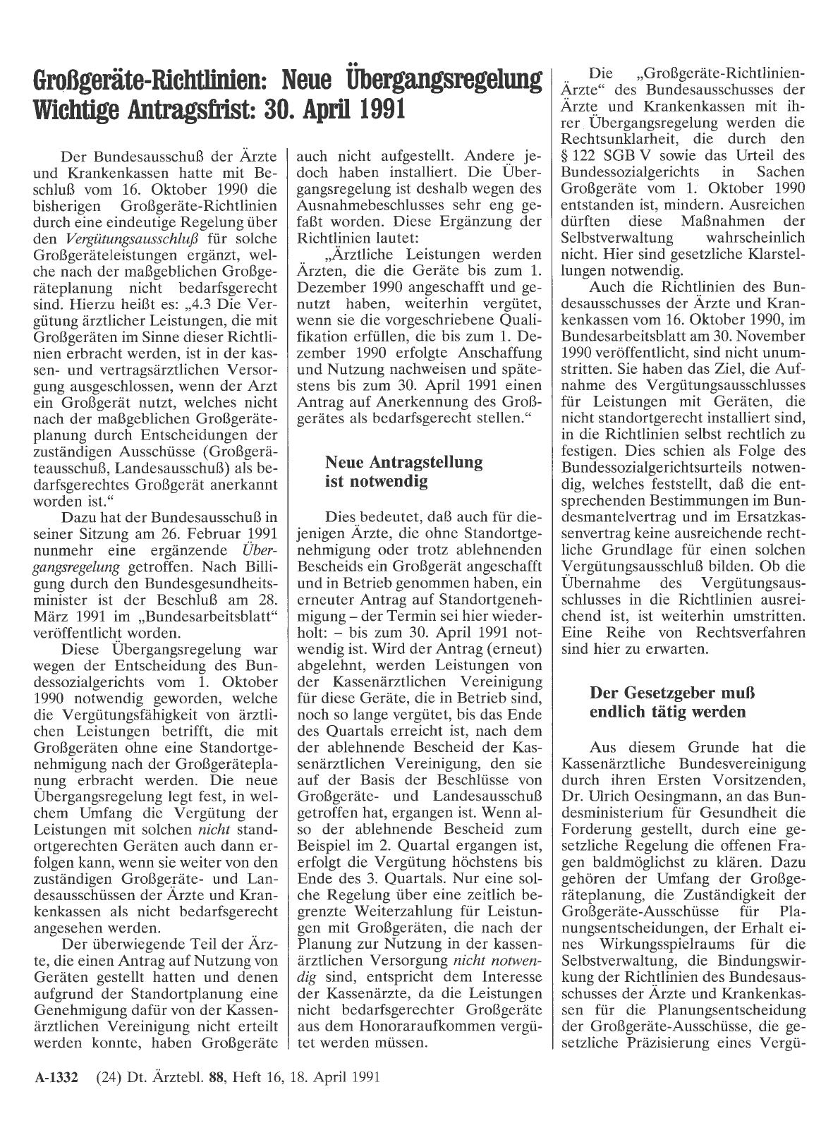Vorschauseite 1: Großgeräte-Richtlinien: Neue Übergangsregelung Wichtige Antragsfrist: 30. April 1991