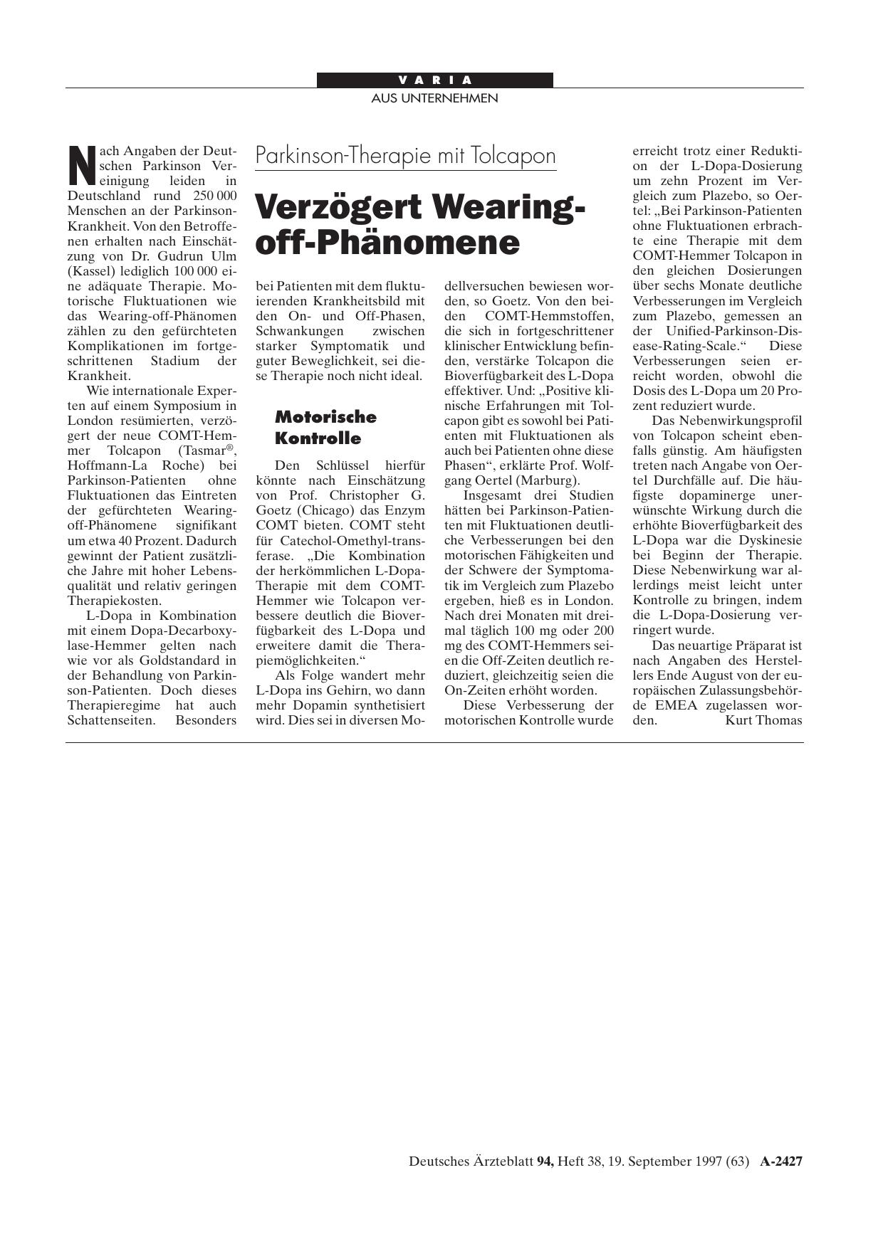 Vorschauseite 1: Parkinson-Therapie mit Tolcapon: Verzögert Wearing-off-Phänomene
