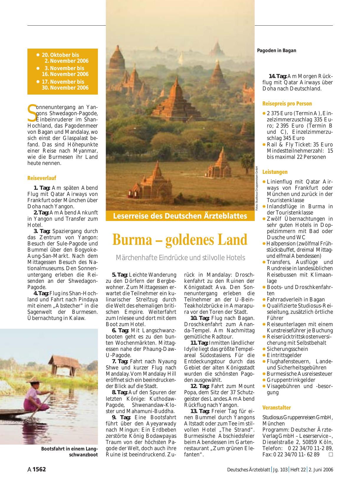 Vorschauseite 1: Leserreise des Deutschen Ärzteblattes: Burma – goldenes Land
