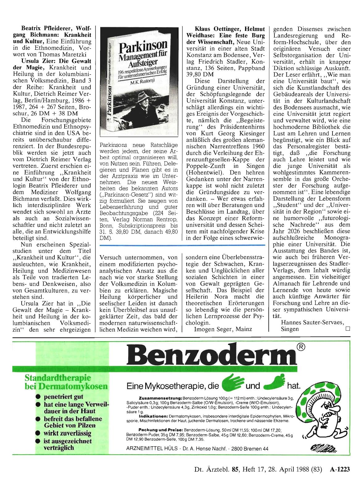 Vorschauseite 1: Beatrix Pfleiderer, Wolfgang Bichmann: Krankheit und Kultur. Ursula Zier: Die Gewalt der Magie