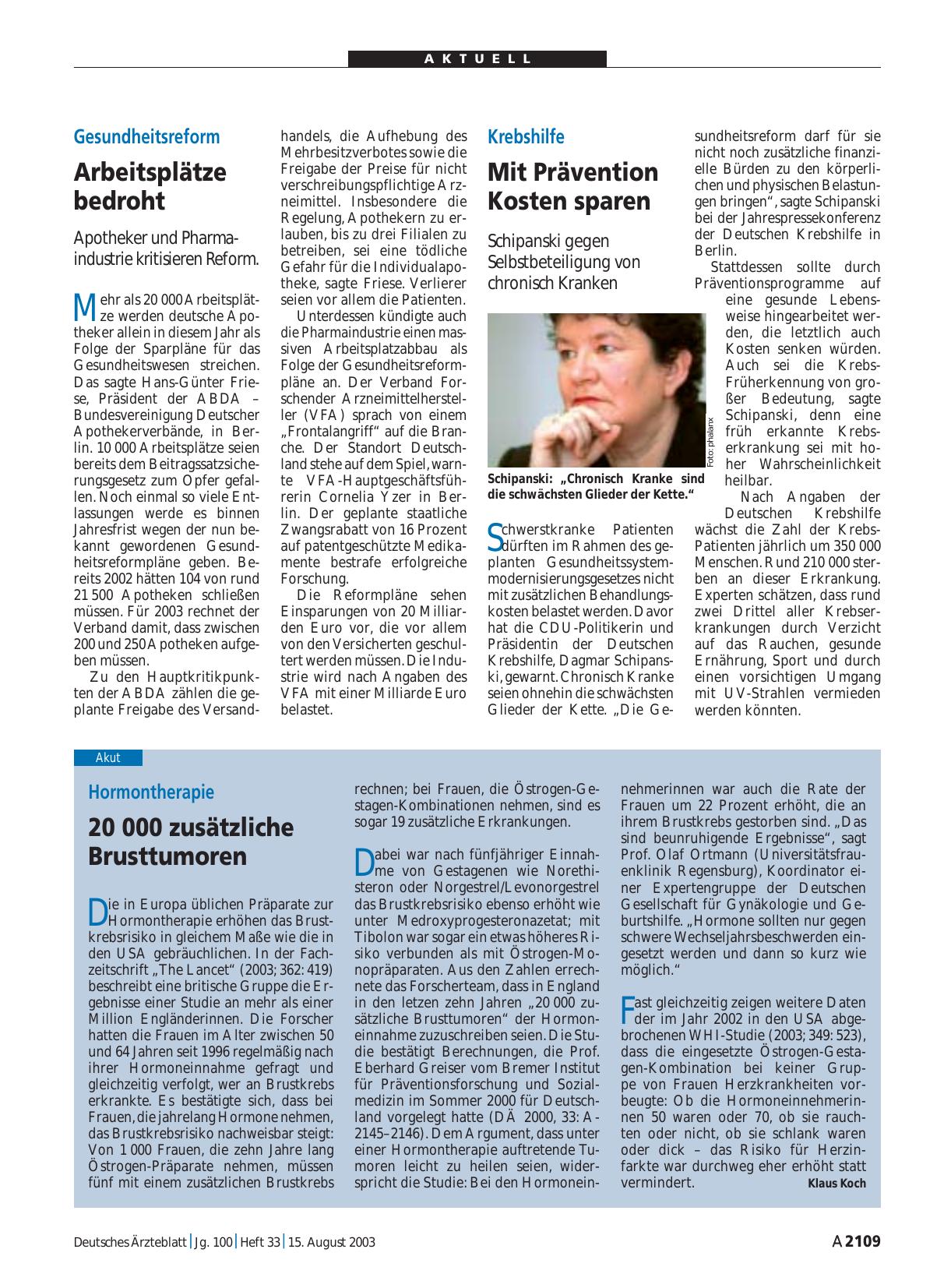 Vorschauseite 1: Hormontherapie: 20 000 zusätzliche Brusttumoren