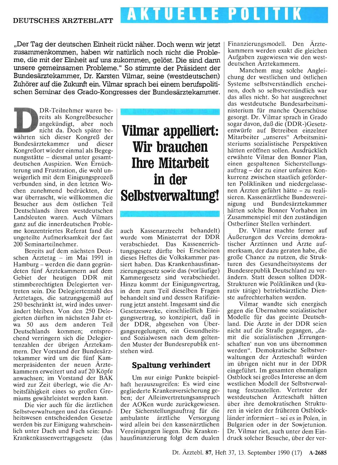 Vorschauseite 1: Vilmar appelliert: Wir brauchen Ihre Mitarbeit in der Selbstverwaltung!