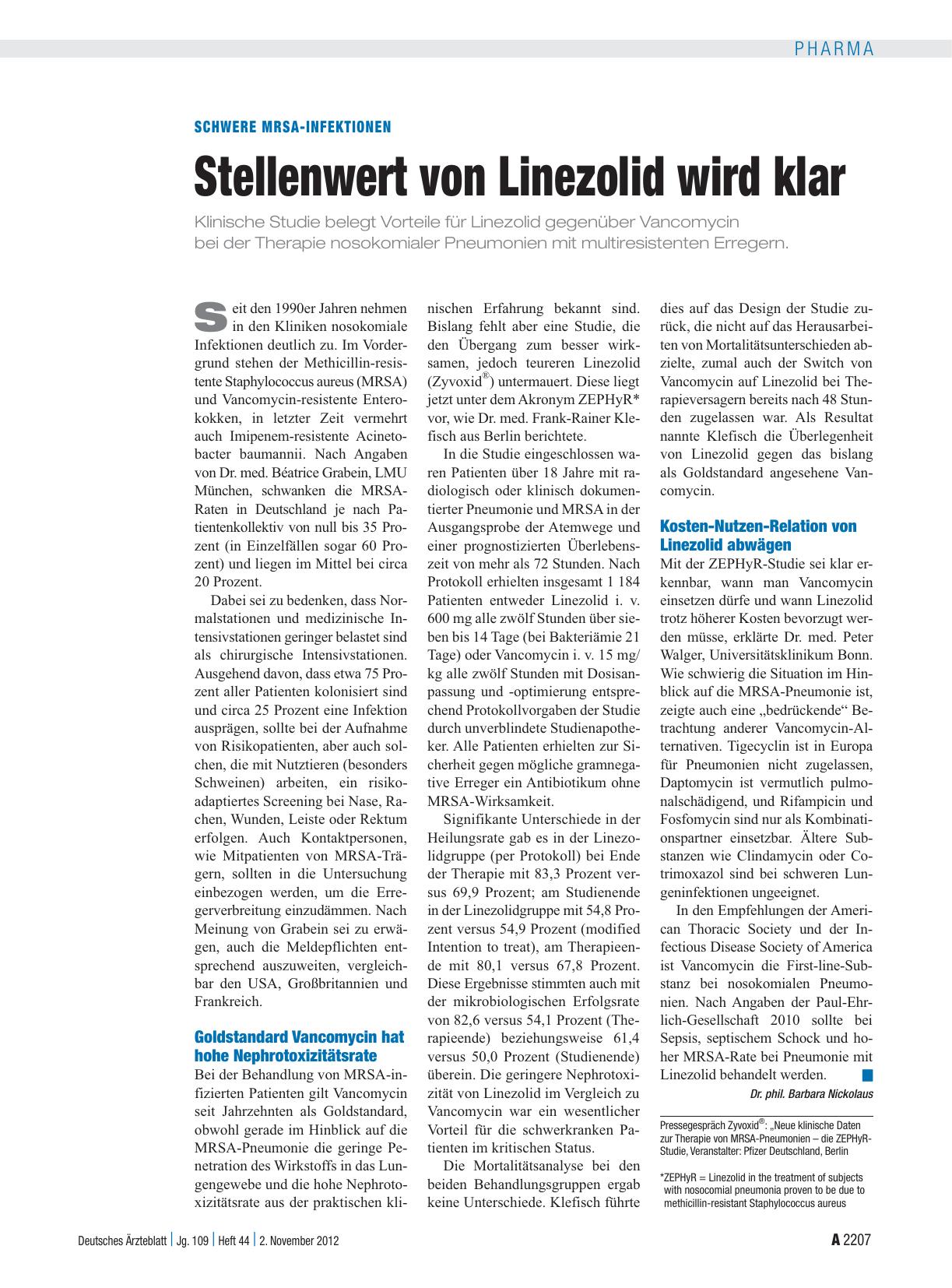 Vorschauseite 1: Schwere MRSA-Infektionen: Stellenwert von Linezolid wird klar