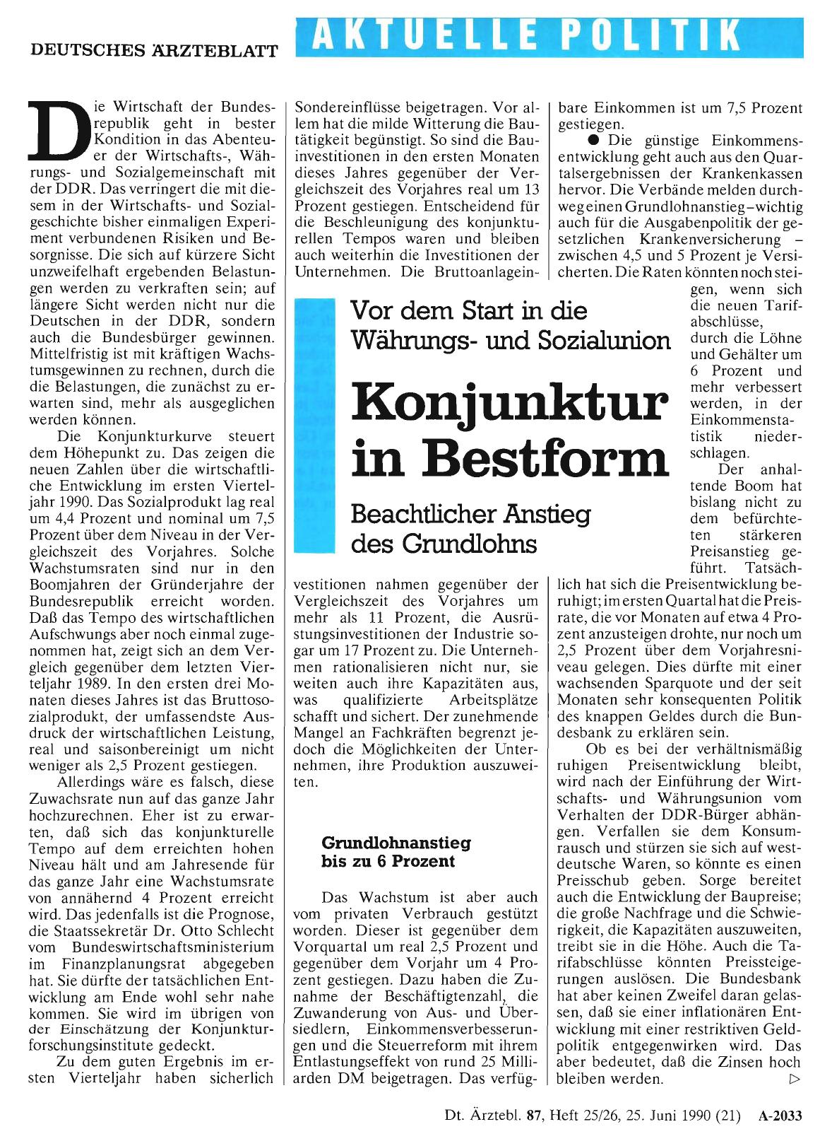 Vorschauseite 1: Vor dem Start in die Währungsund Sozialunion: Konjunktur in Bestform