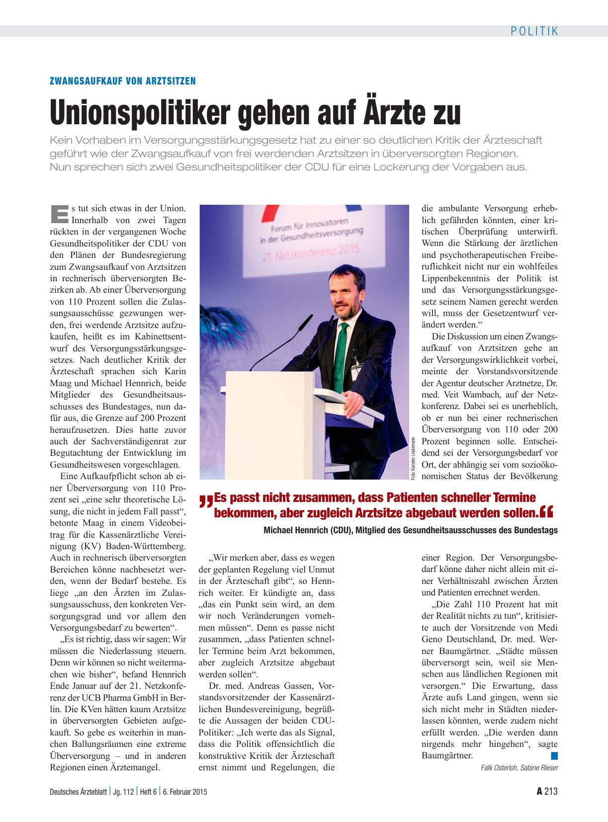 Vorschauseite 1: Zwangsaufkauf von Arztsitzen: Unionspolitiker gehen auf Ärzte zu