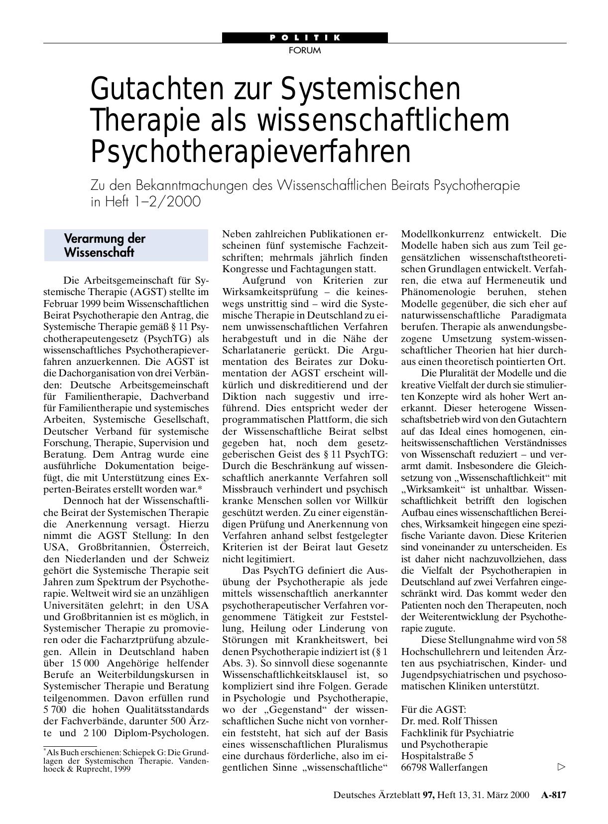 Vorschauseite 1: Gutachten zur Systemischen Therapie als wissenschaftlichem Psychotherapieverfahren: Verarmung der Wissenschaft