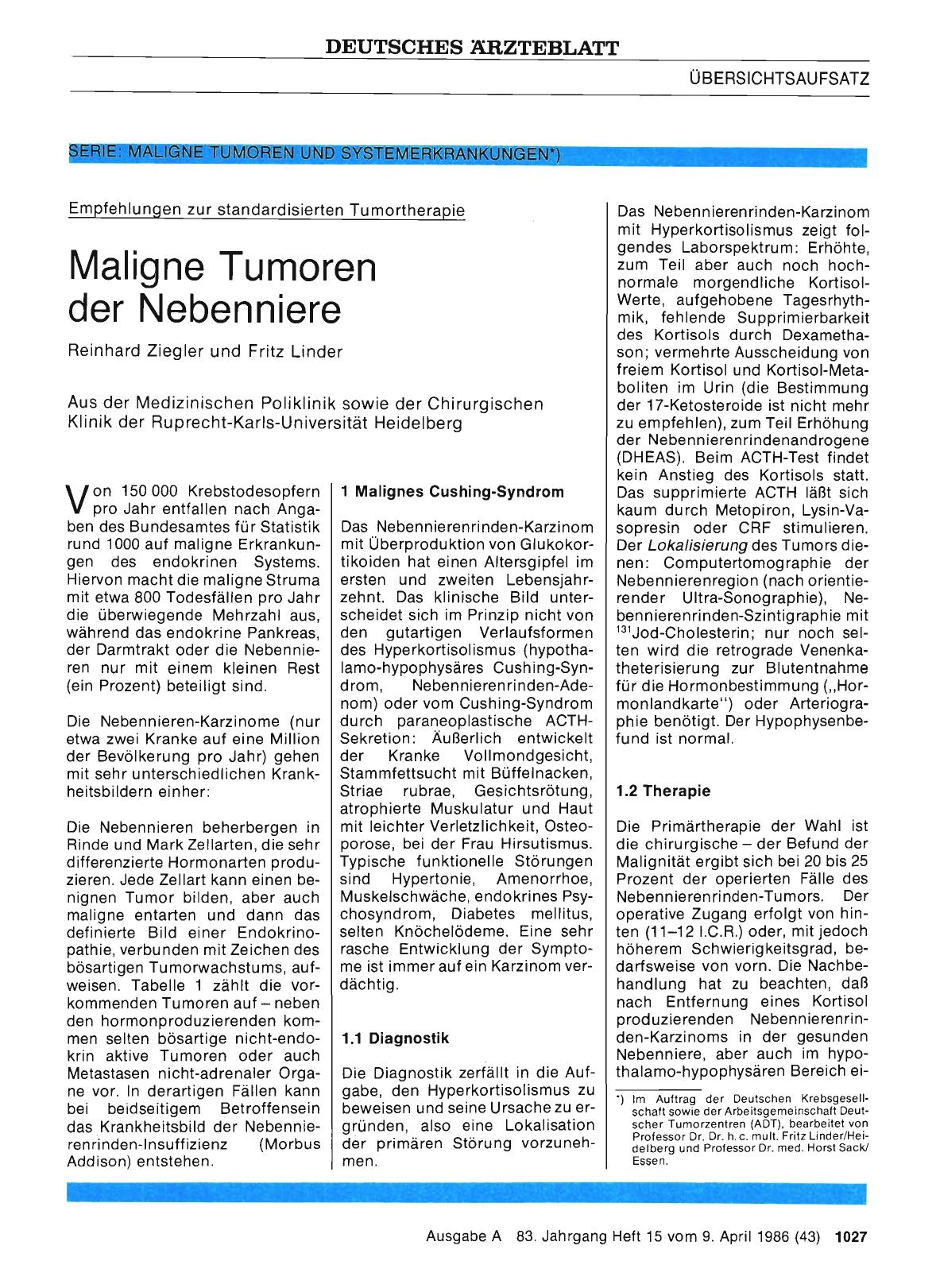 Vorschauseite 1: Empfehlungen zur standardisierten Tumortherapie: Maligne Tumoren der Nebenniere