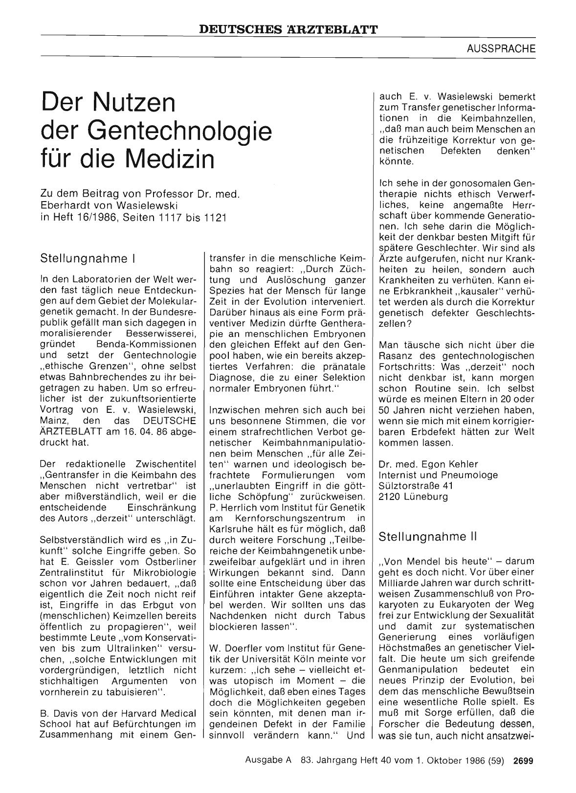 Vorschauseite 1: Der Nutzen der Gentechnologie für die Medizin: Stellungnahme I