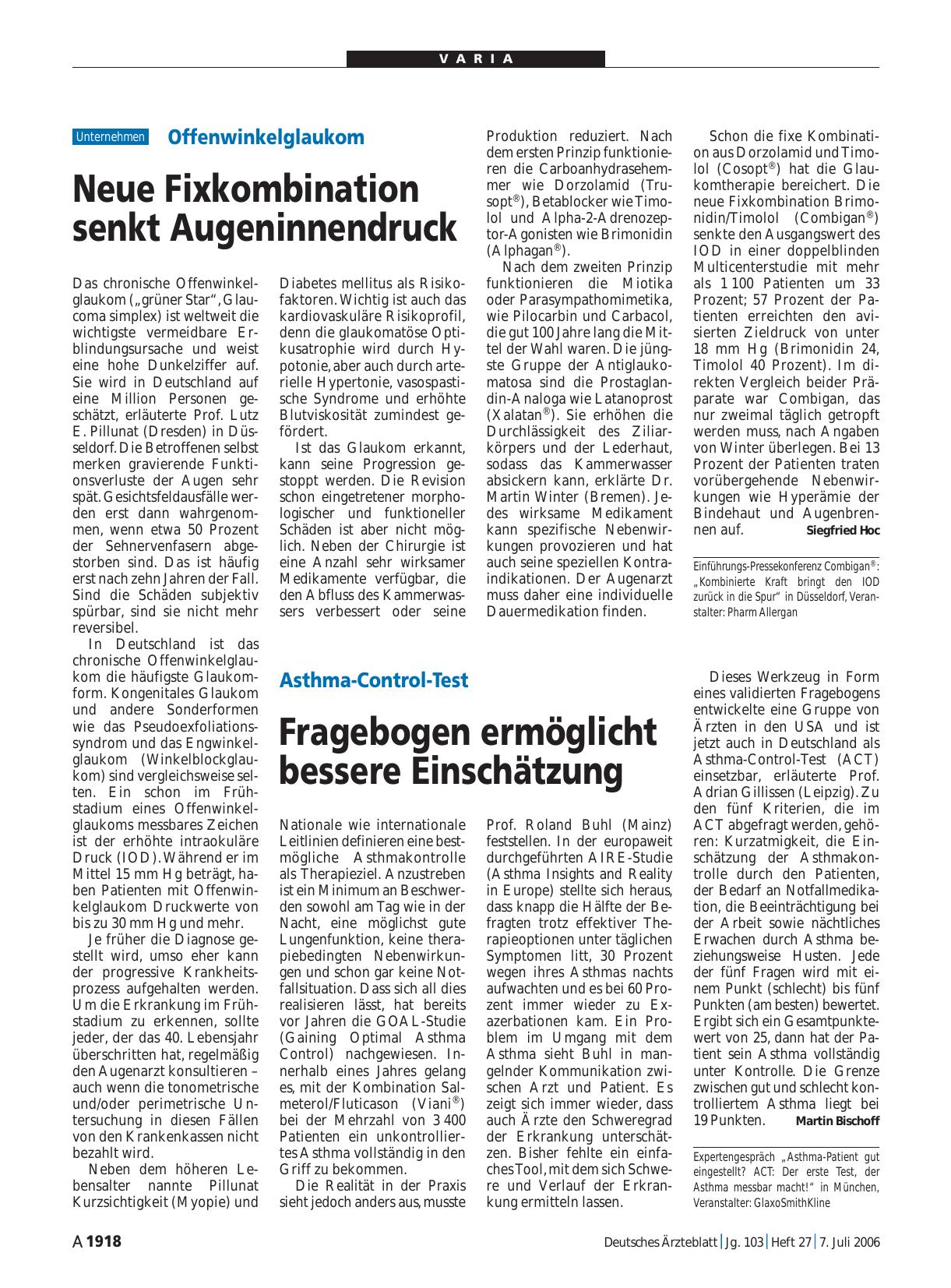 Vorschauseite 1: Offenwinkelglaukom: Neue Fixkombination senkt Augeninnendruck