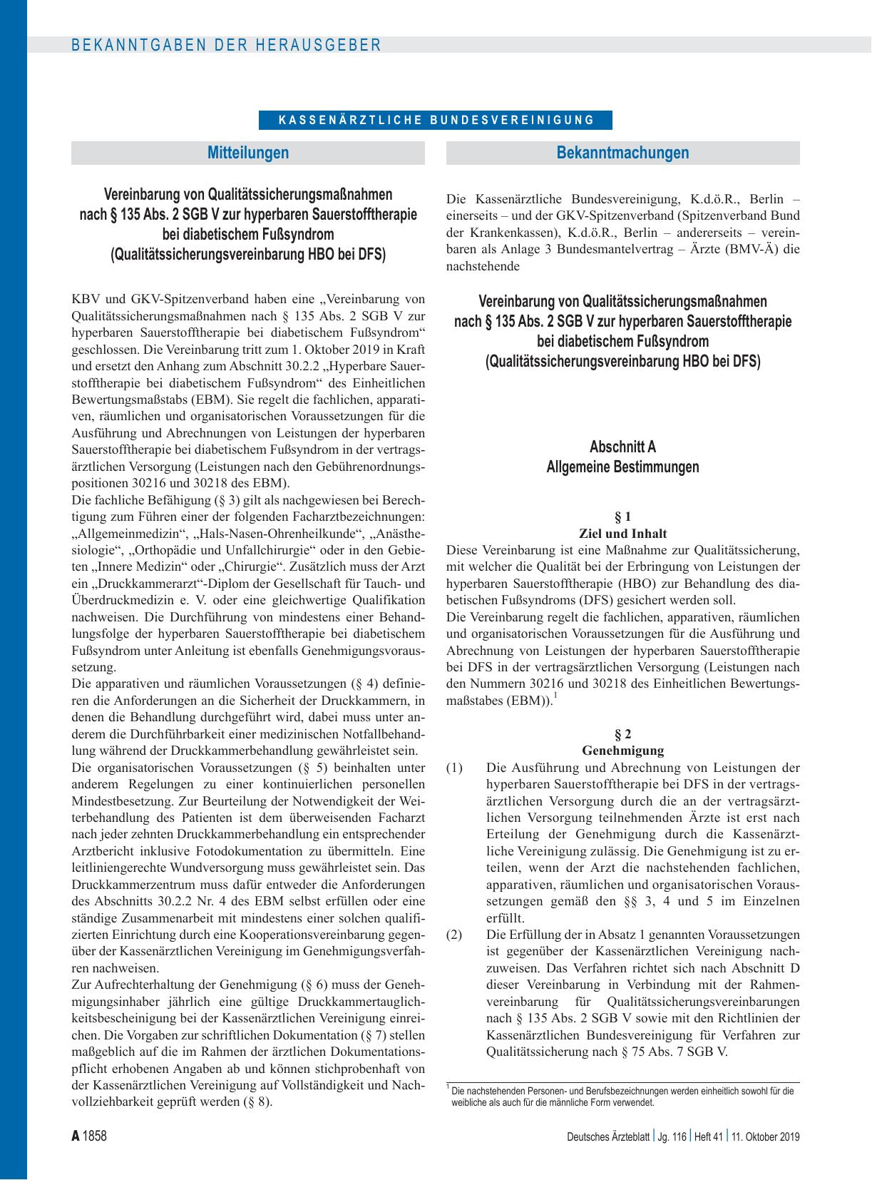 Vorschauseite 1: Vereinbarung von Qualitätssicherungsmaßnahmen nach § 135 Abs. 2 SGB V zur hyperbaren Sauerstofftherapie bei diabetischem Fußsyndrom: Abschnitt A – Allgemeine Bestimmungen, Abschni…