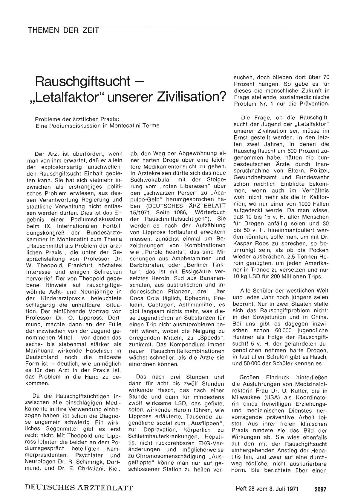 Vorschauseite 1: Rauschgiftsucht „Letalfaktor" unserer Zivilisation?